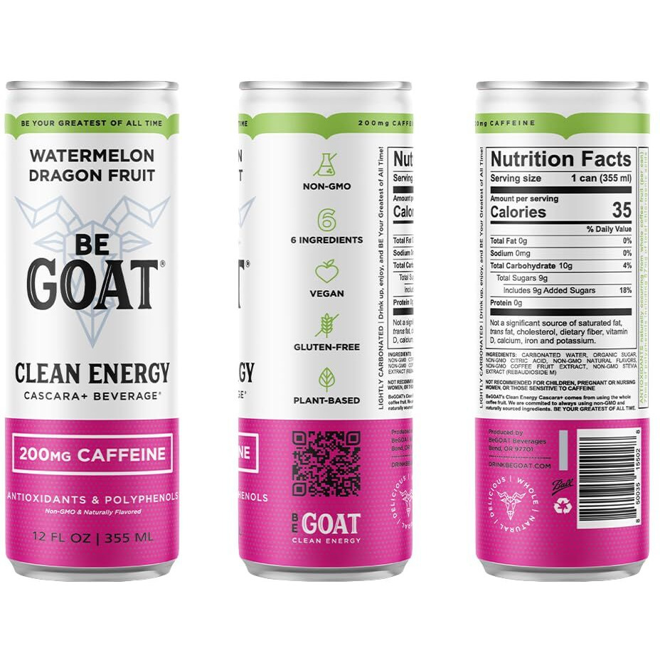 Begoat Watermelon Dragonfruit Clean Energy Drink | 200 Mg Caffeine, Non Gmo, 6 Ingredients, 35 Calories, Antioxidants, Vegan, Gluten-Free 12 Fl Oz (Pack Of 12)
