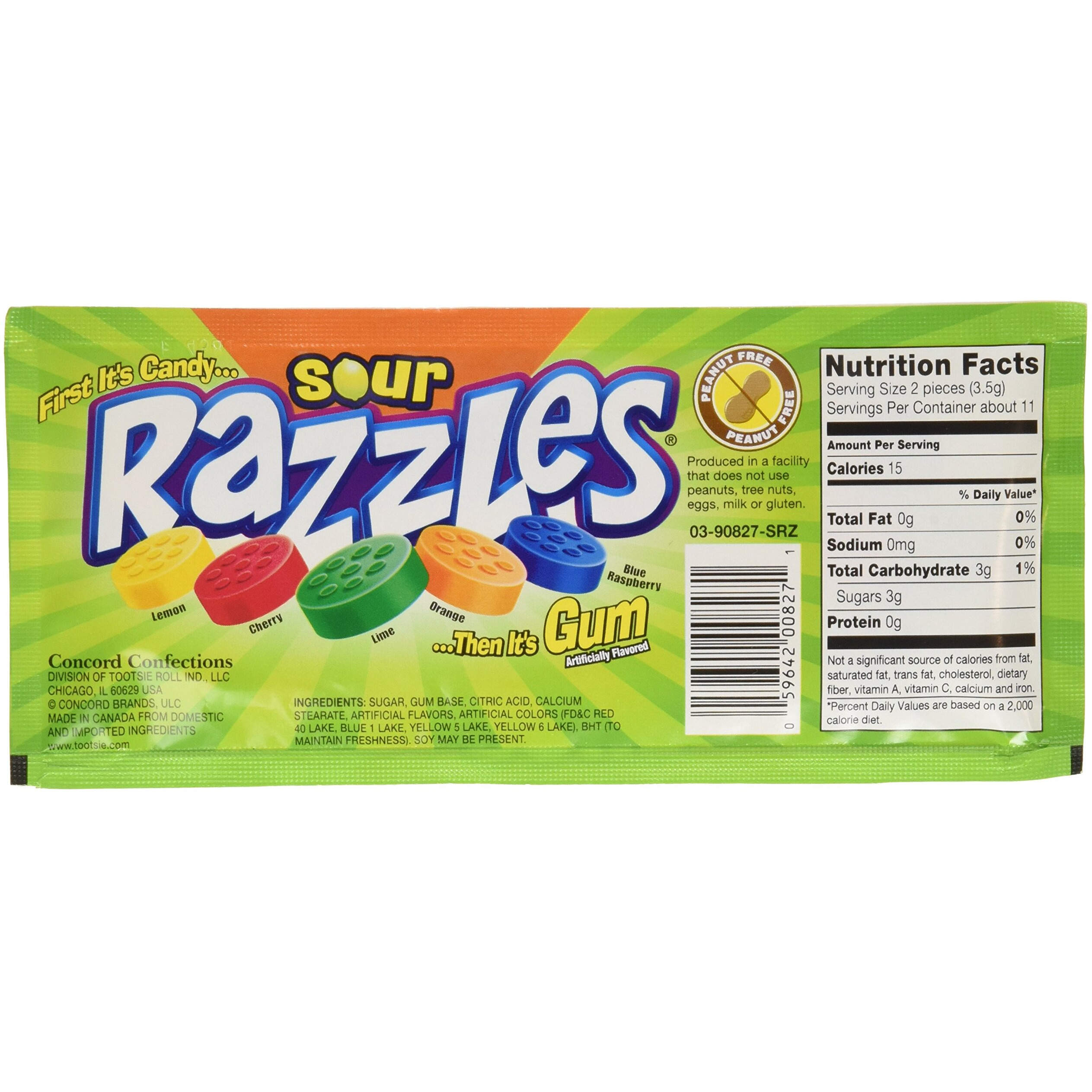 Sour Razzles Candy, 1.4Oz Pouches, 24-Count