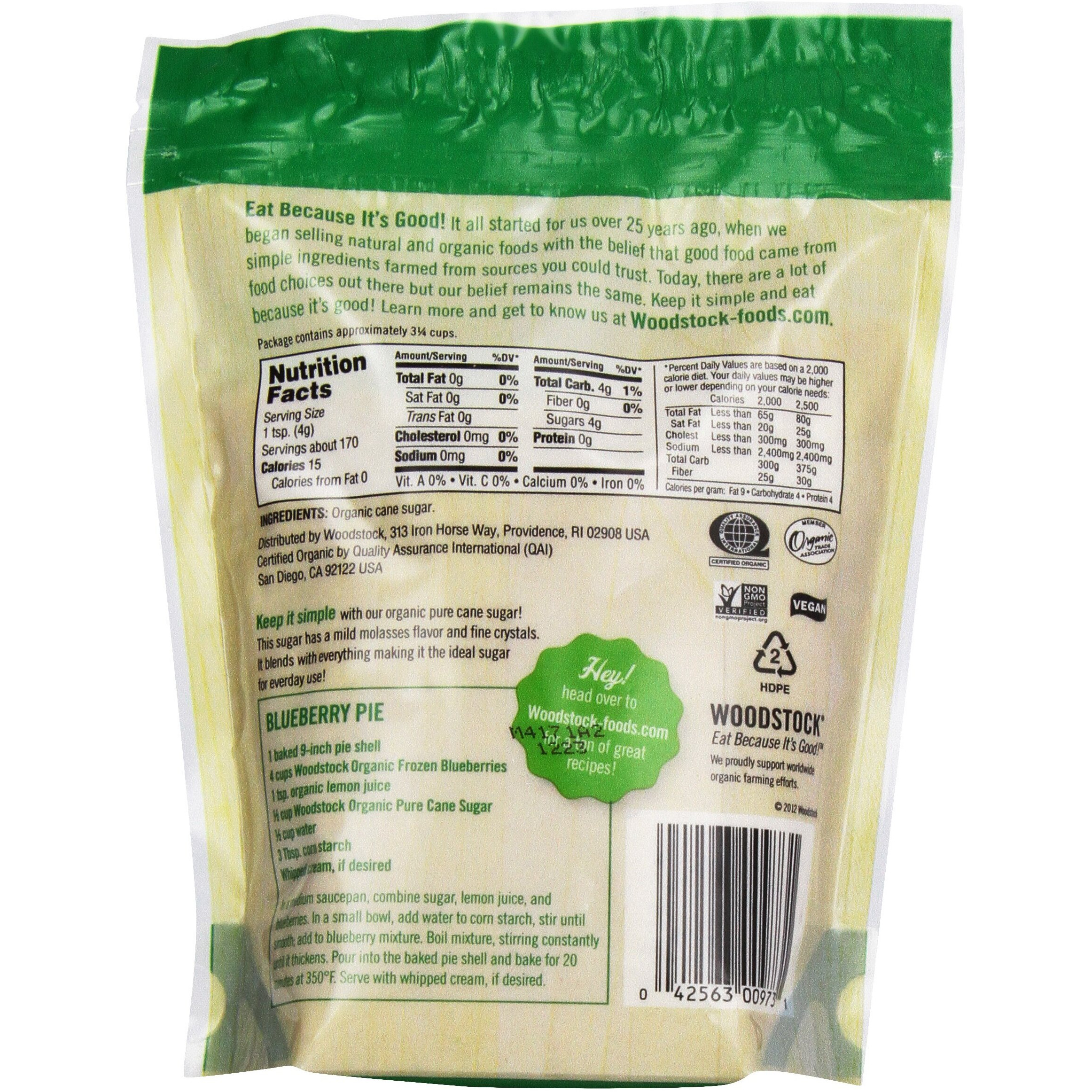 Woodstock, Evap Sugar Pure Cane, Granulated, At Least 95% Organic, 24 Oz