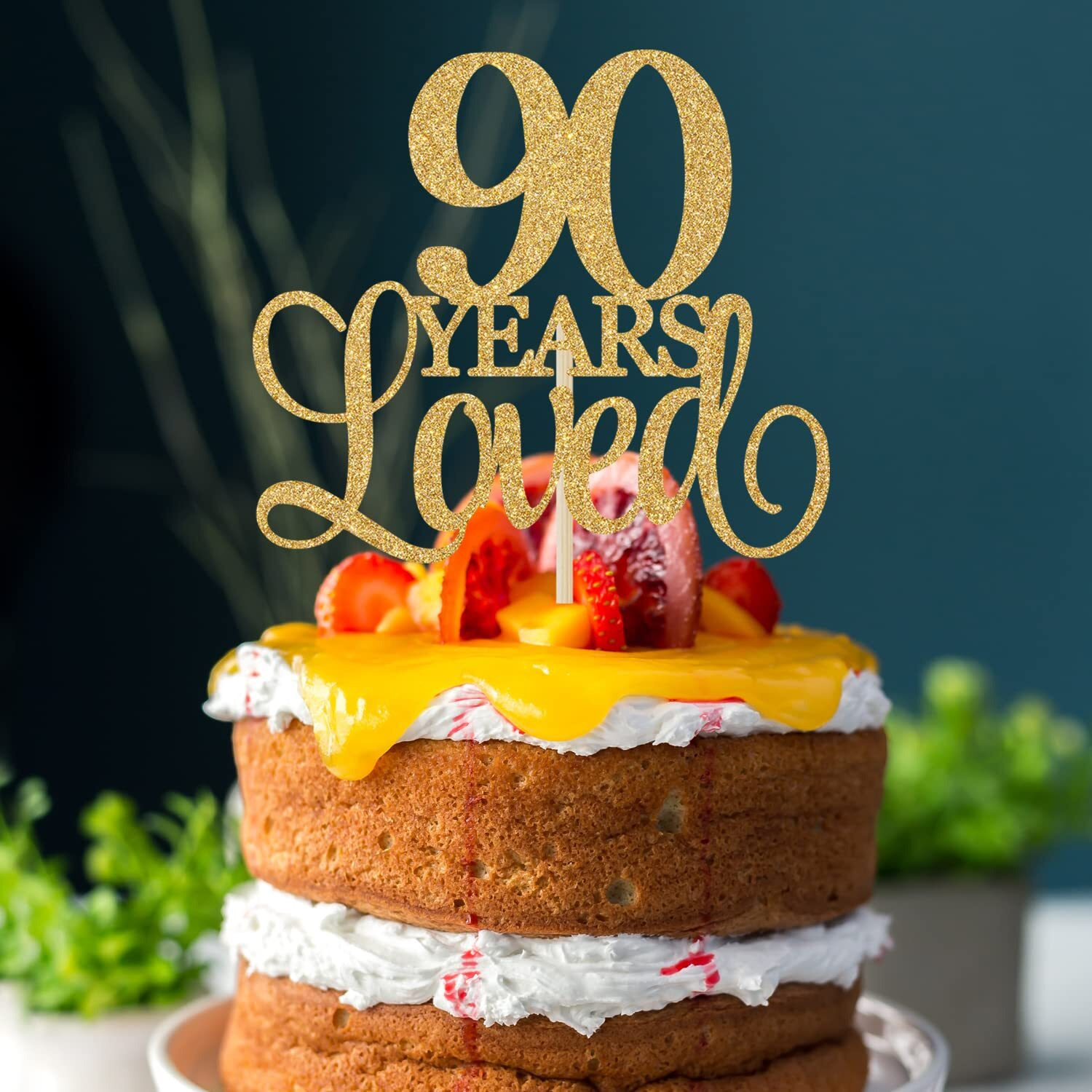 90 Years Loved Cake Topper, Cheers To 90 Years, 90Th Birthday Cake Topper, 90Th Wedding Anniversary Cake Topper, 90Th Anniversary Birthday Party Favor Supplies Gold Glitter