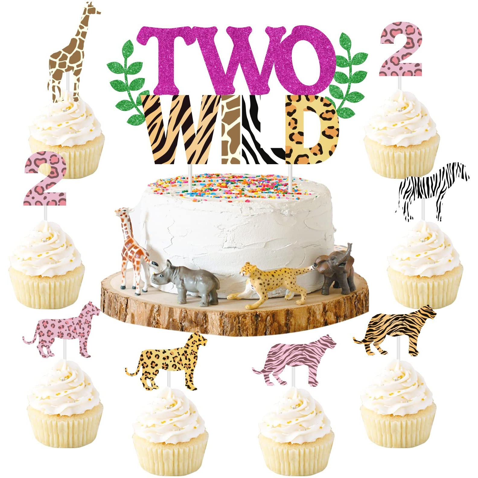 Two Wild Birthday Decorations For Girl - Two Wild Cake Topper, Animal Print Cupcake Toppers, 31 Pcs Jungle Safari Animal Cake Decorations, Wild Two 2Nd Birthday Decorations