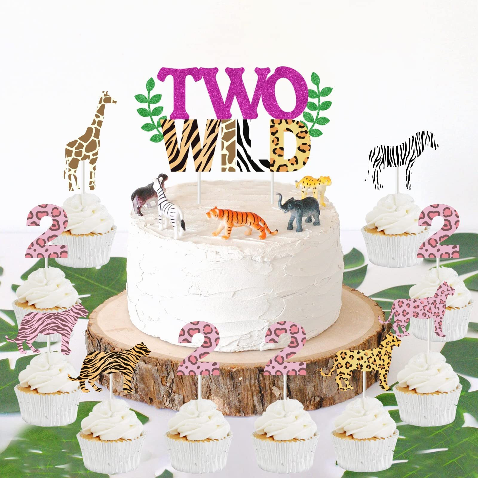 Two Wild Birthday Decorations For Girl - Two Wild Cake Topper, Animal Print Cupcake Toppers, 31 Pcs Jungle Safari Animal Cake Decorations, Wild Two 2Nd Birthday Decorations