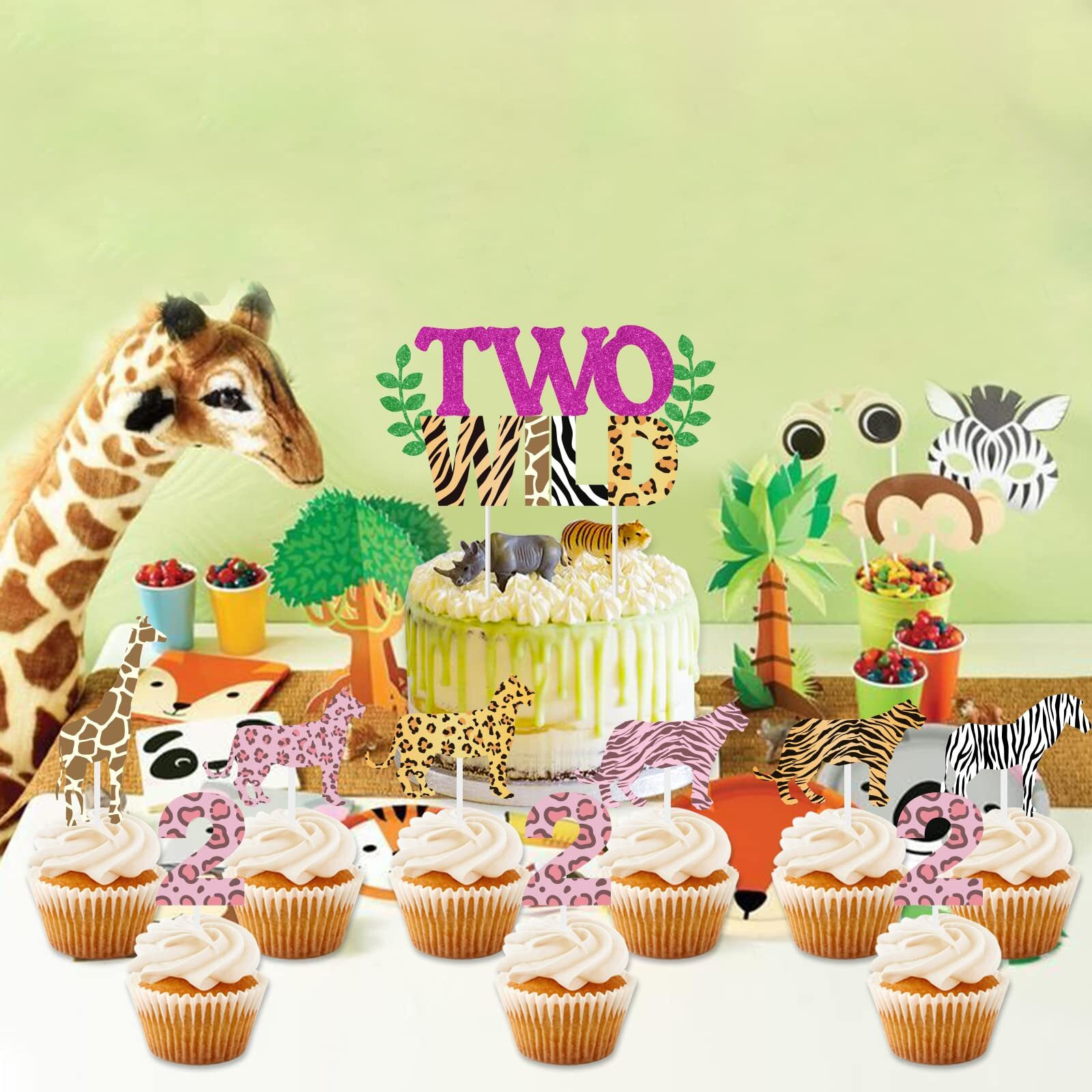 Two Wild Birthday Decorations For Girl - Two Wild Cake Topper, Animal Print Cupcake Toppers, 31 Pcs Jungle Safari Animal Cake Decorations, Wild Two 2Nd Birthday Decorations