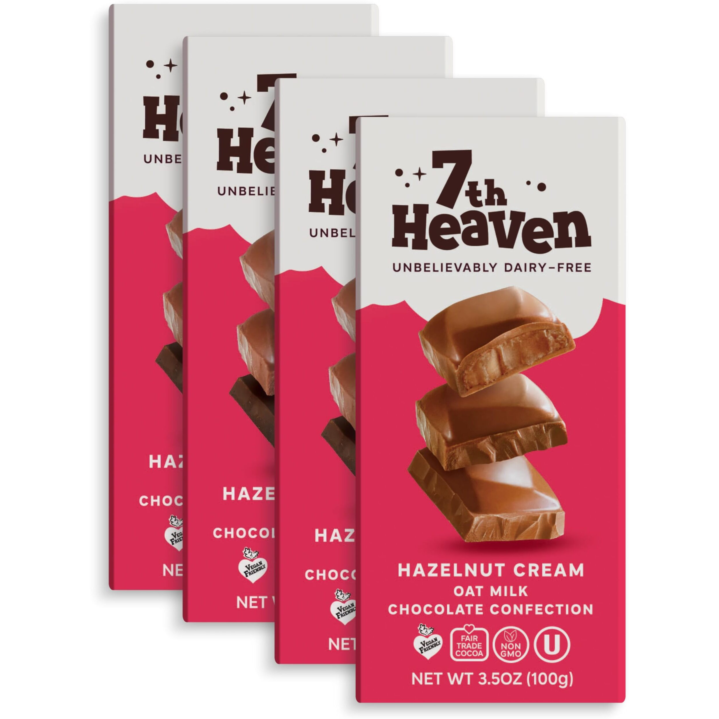 7Th Heaven Vegan Hazelnut Cream Oat Milk Chocolate Bar, Plant Based Dairy Free Chocolate With Hazelnut Cream Filling, Fair Trade Cocoa & Coconut Oil, Kosher Parve - 3.5Oz Full Size Candy Bars, 4Pk