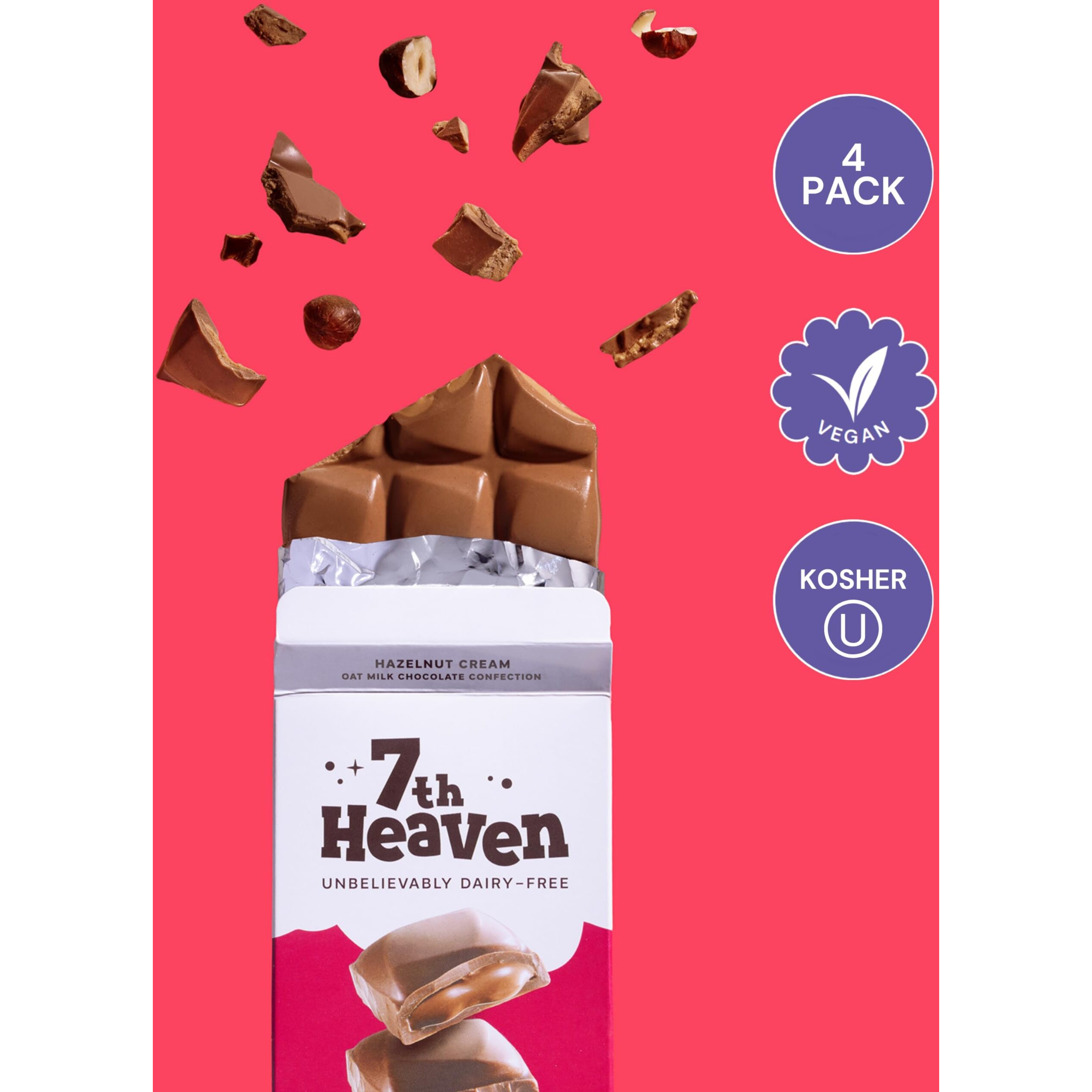 7Th Heaven Vegan Hazelnut Cream Oat Milk Chocolate Bar, Plant Based Dairy Free Chocolate With Hazelnut Cream Filling, Fair Trade Cocoa & Coconut Oil, Kosher Parve - 3.5Oz Full Size Candy Bars, 4Pk