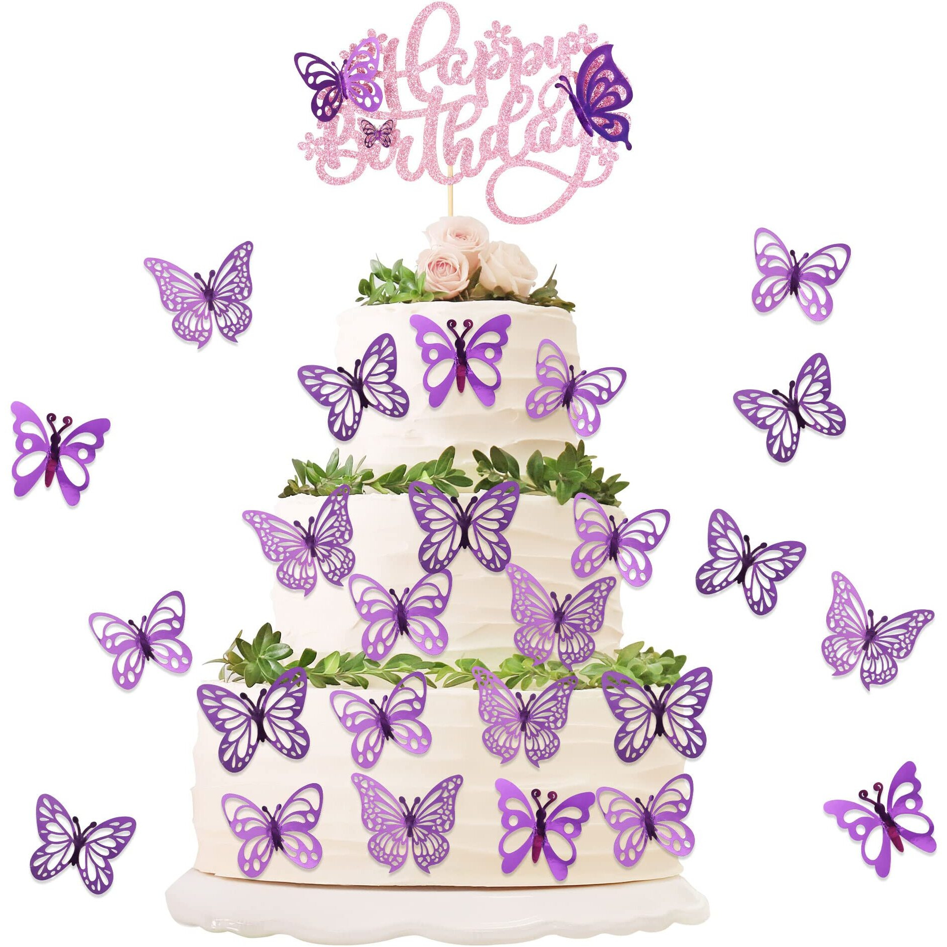 Ephlyn 25Pcs Butterfly Happy Birthday Cake Topper Purple 3D Cupcake Toppers Decorations For Girls Women's Party Pink