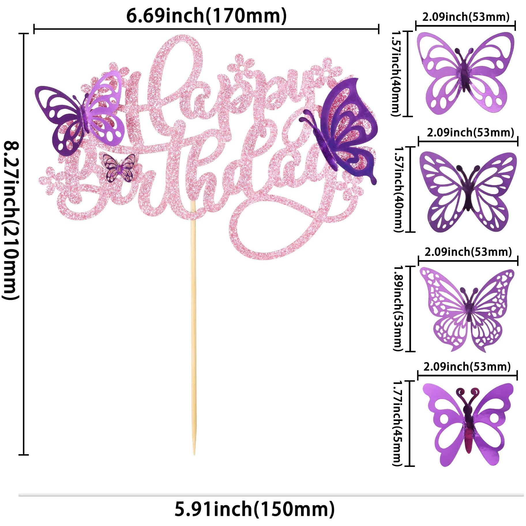Ephlyn 25Pcs Butterfly Happy Birthday Cake Topper Purple 3D Cupcake Toppers Decorations For Girls Women's Party Pink