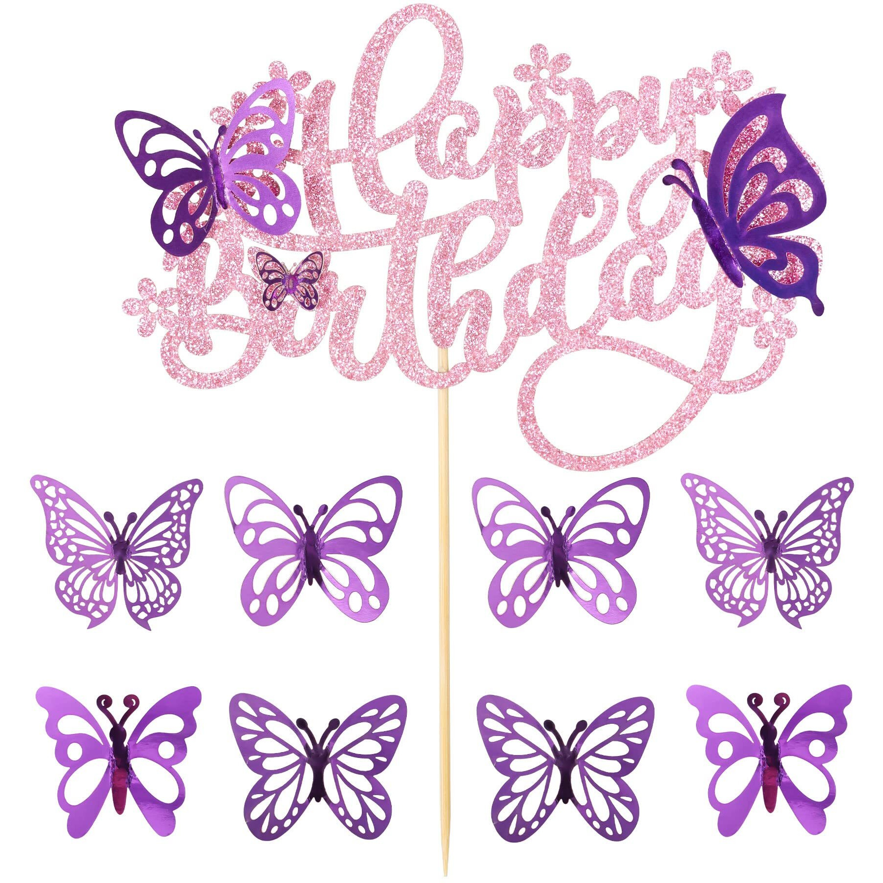 Ephlyn 25Pcs Butterfly Happy Birthday Cake Topper Purple 3D Cupcake Toppers Decorations For Girls Women's Party Pink