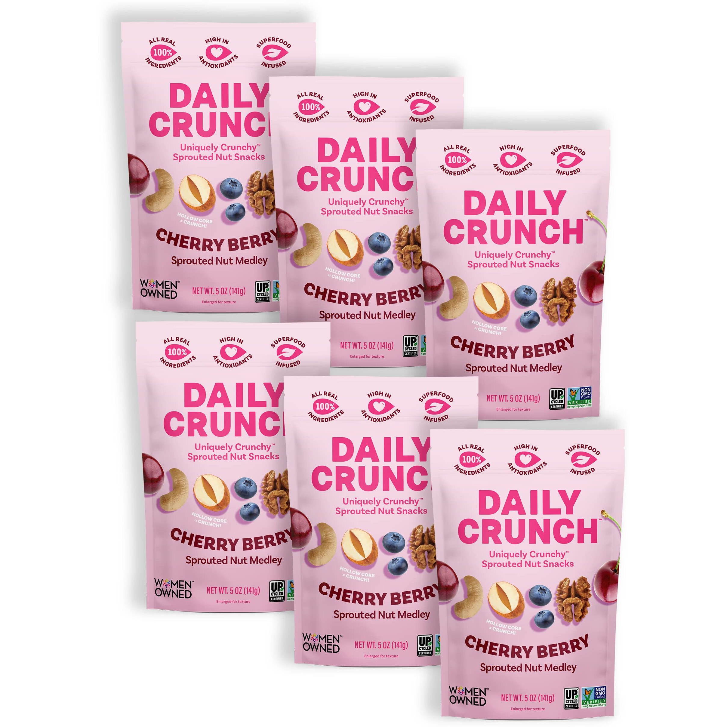 Daily Crunch Sprouted Almonds, 5 Ounce Resealable Bags (Cherry Berry, 6 Pack) Packaging May Vary - Sprouted And Dehydrated For A Unique Crunch, Keto Friendly, Non-Gmo, Salt Free, Vegan, Healthy Snack