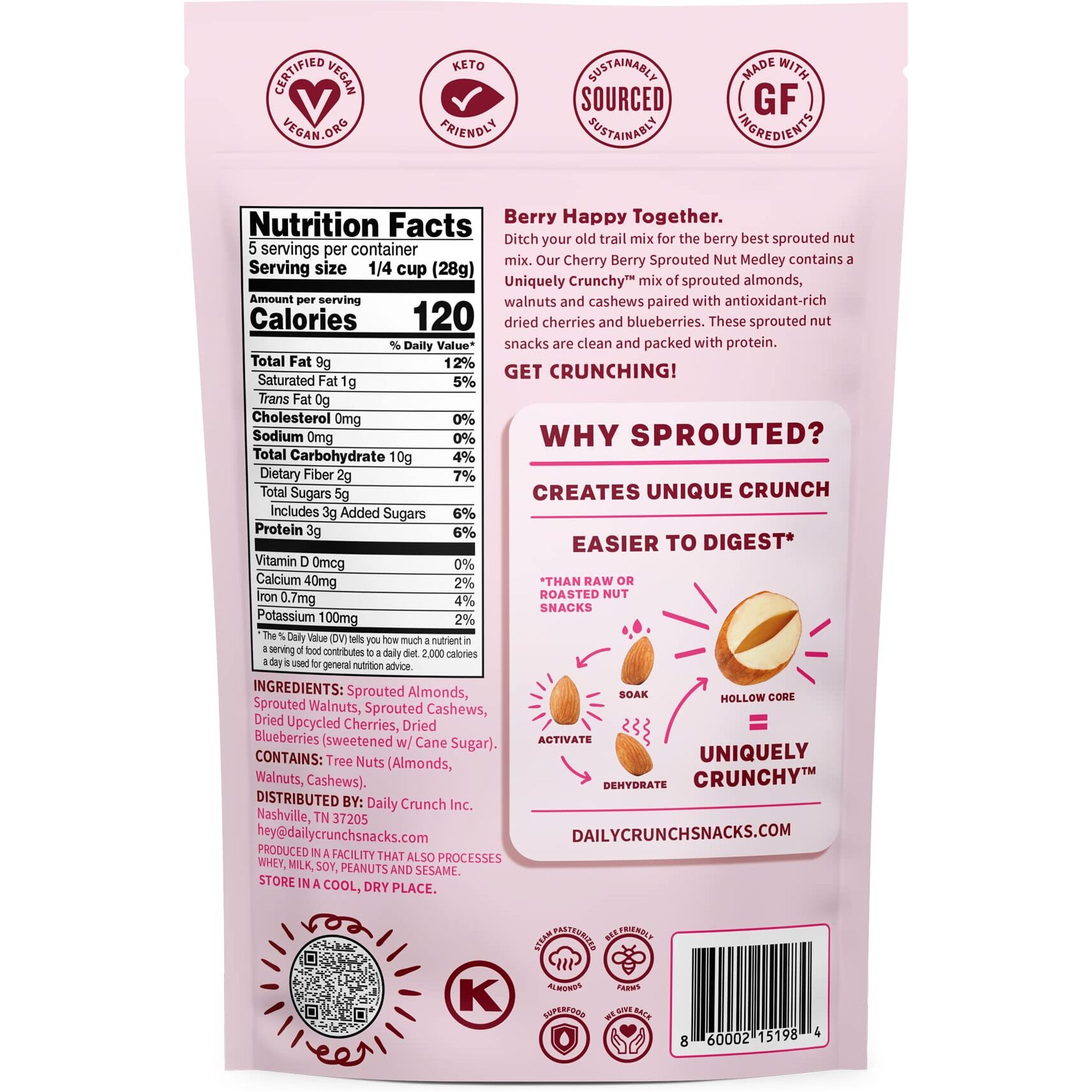 Daily Crunch Sprouted Almonds, 5 Ounce Resealable Bags (Cherry Berry, 6 Pack) Packaging May Vary - Sprouted And Dehydrated For A Unique Crunch, Keto Friendly, Non-Gmo, Salt Free, Vegan, Healthy Snack