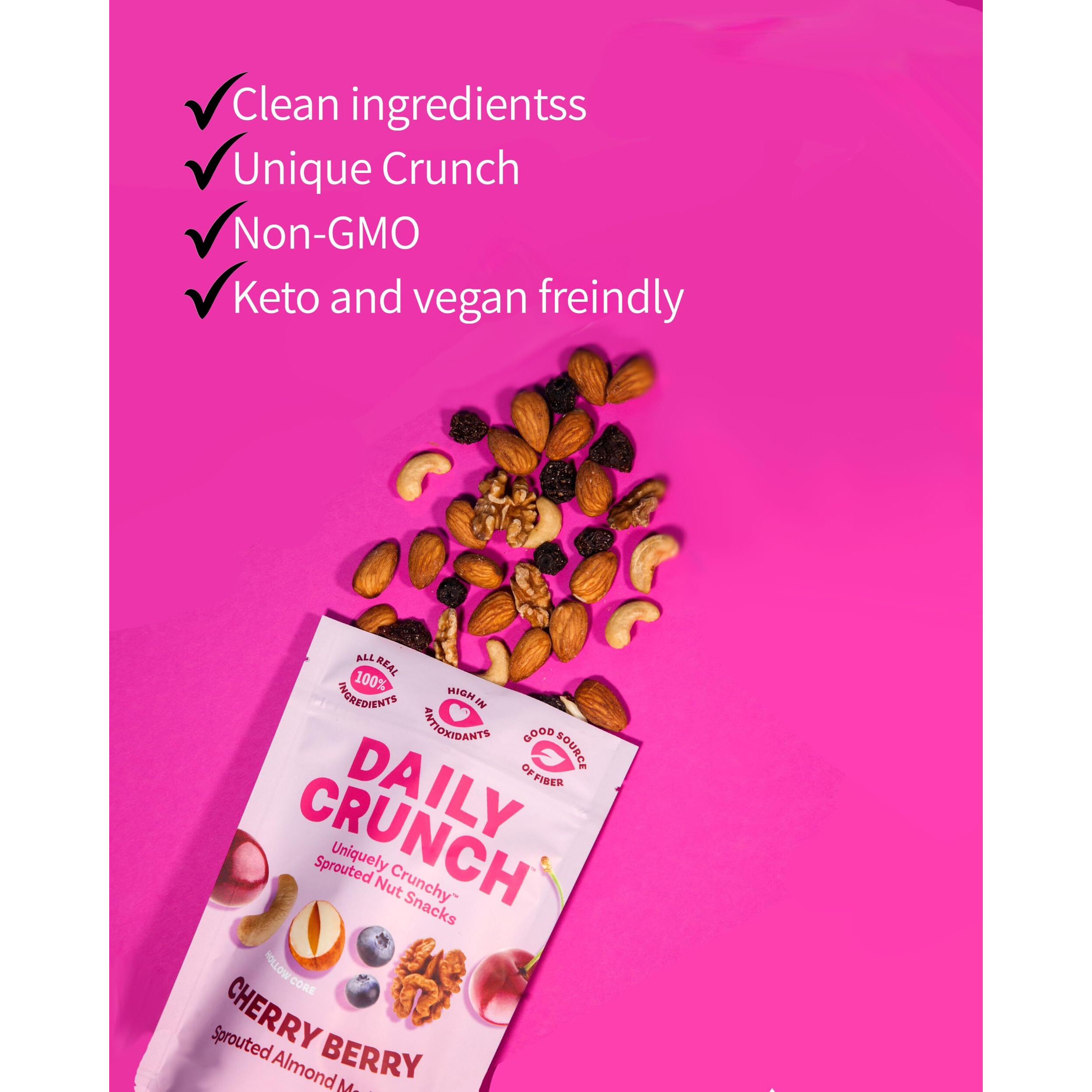 Daily Crunch Sprouted Almonds, 5 Ounce Resealable Bags (Cherry Berry, 6 Pack) Packaging May Vary - Sprouted And Dehydrated For A Unique Crunch, Keto Friendly, Non-Gmo, Salt Free, Vegan, Healthy Snack