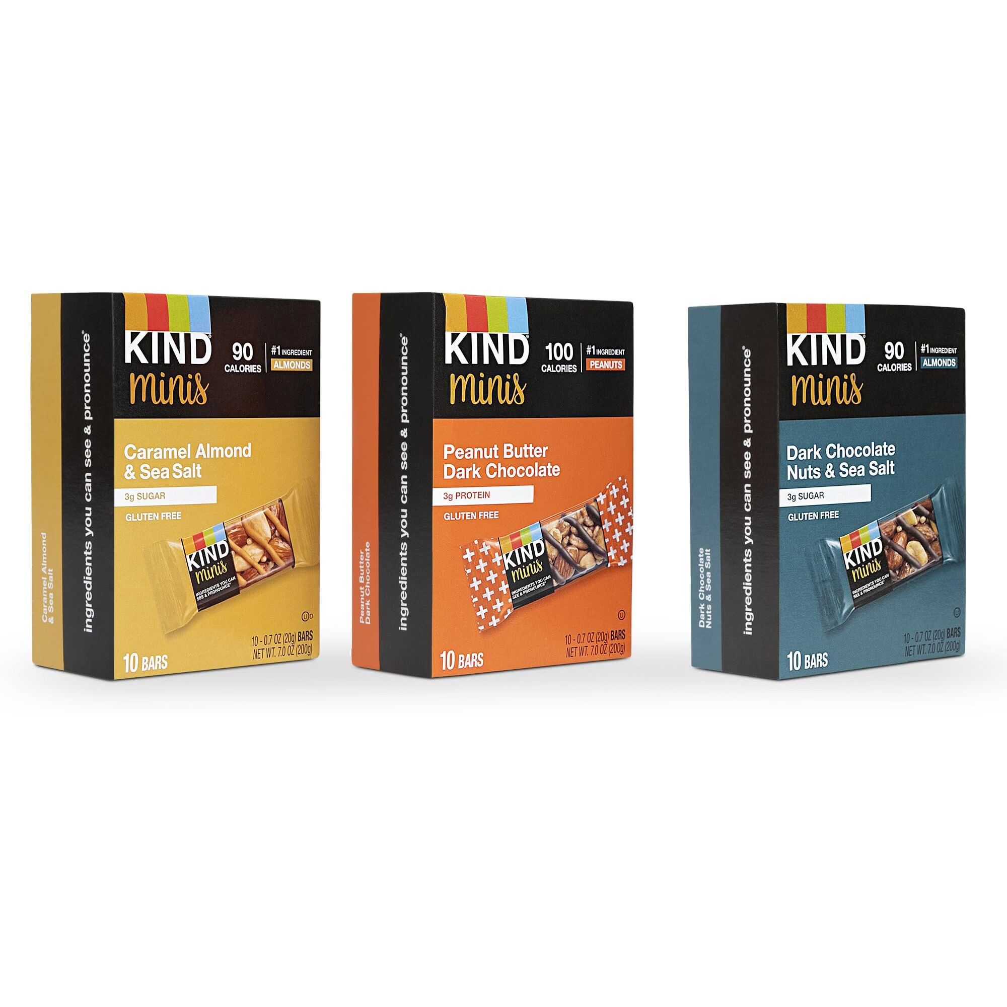 Kind Minis, Variety Pack. Contains 1 Peanut Butter Dark Chocolate, 1 Caramel Almond & Sea Salt, And 1 Dark Chocolate Nuts & Sea Salt, Low Sugar, Healthy Snacks, Ilios Packaging. 3 Packs [30 Bars]