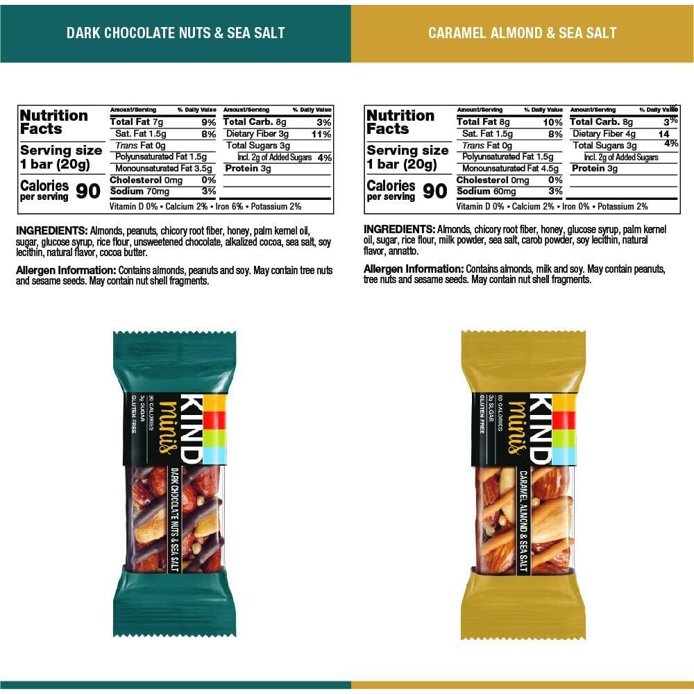 Kind Minis, Variety Pack. Contains 1 Peanut Butter Dark Chocolate, 1 Caramel Almond & Sea Salt, And 1 Dark Chocolate Nuts & Sea Salt, Low Sugar, Healthy Snacks, Ilios Packaging. 3 Packs [30 Bars]