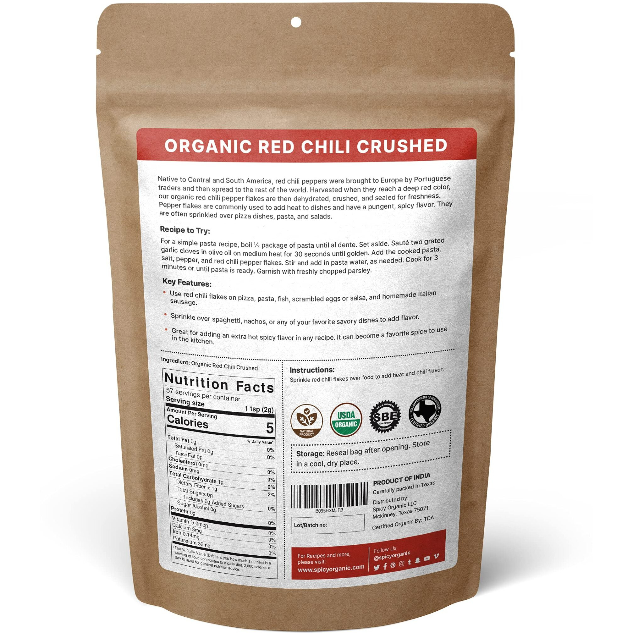 Spicy Organic Crushed Red Pepper Flakes 4 Oz. - Robust Chili Peppers Seasoning Spice - Usda Organic, Kosher, Non-Gmo- Ideal For Pizza, Pastas, Salads, Sauces, Stews, Marinades And Pickled Vegetables