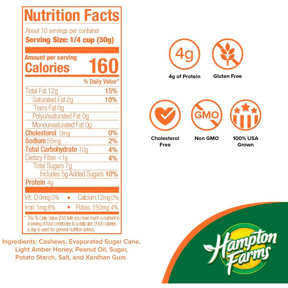 Hampton Farms - Usa Grown Gourmet Nuts - Honey Roasted Cashews - 11 Oz. Canisters - 2 Pack