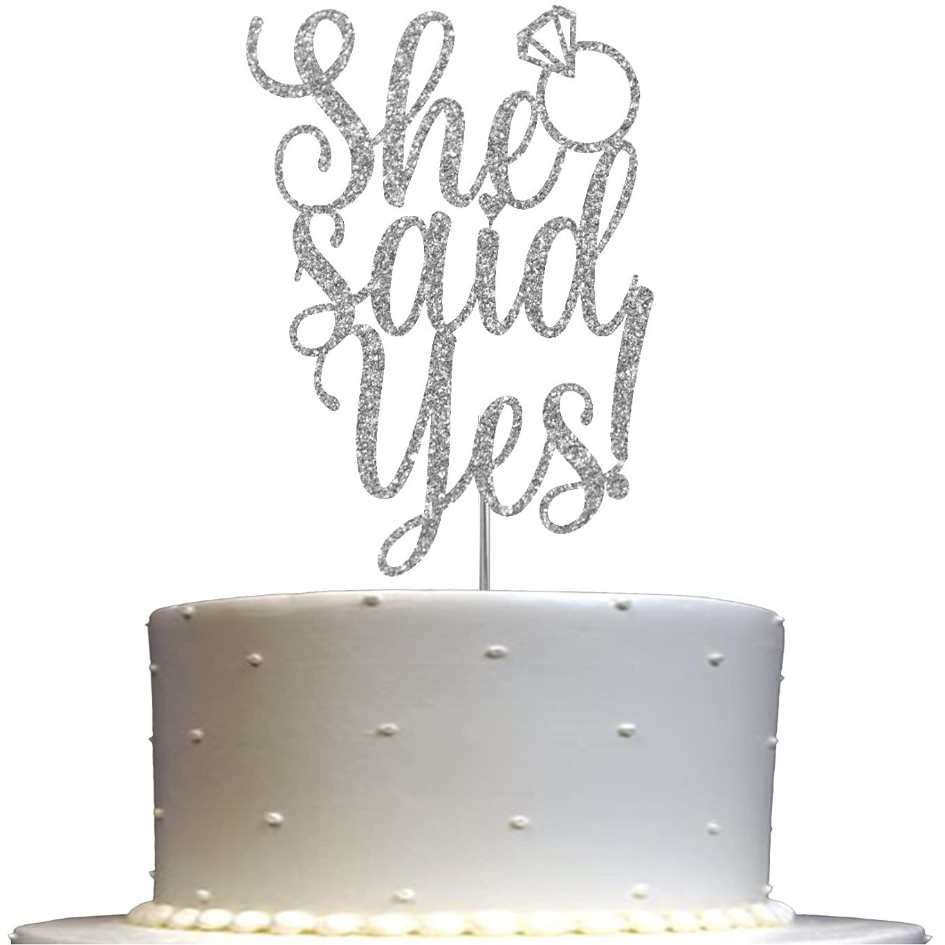She Said Yes Glitter Cake Topper, Wedding Party Decorations Ideas, Anniversary, Bachelorette, Engagement, Premium Quality Decoration, Sturdy Doubled Sided Glitter, Acrylic Stick. Made In Usa (Silver)