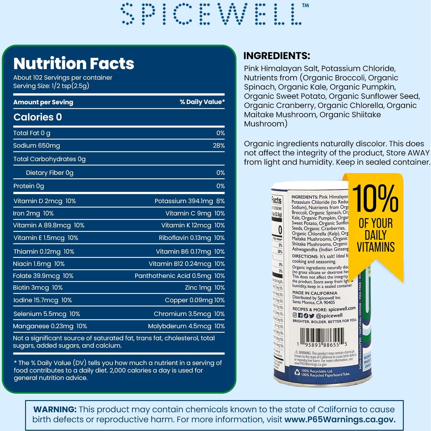 Spicewell New Salt | Himalayan Pink Salt Infused With 21 Plant-Based Vitamins & Minerals, 30% Lower Sodium Than Table Salt, Healthy & Delicious Salt, 9Oz Shaker