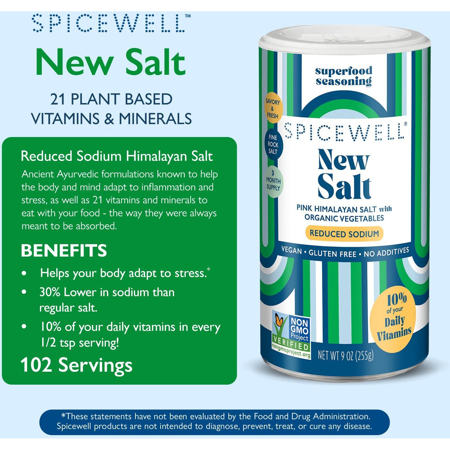 Spicewell New Salt | Himalayan Pink Salt Infused With 21 Plant-Based Vitamins & Minerals, 30% Lower Sodium Than Table Salt, Healthy & Delicious Salt, 9Oz Shaker