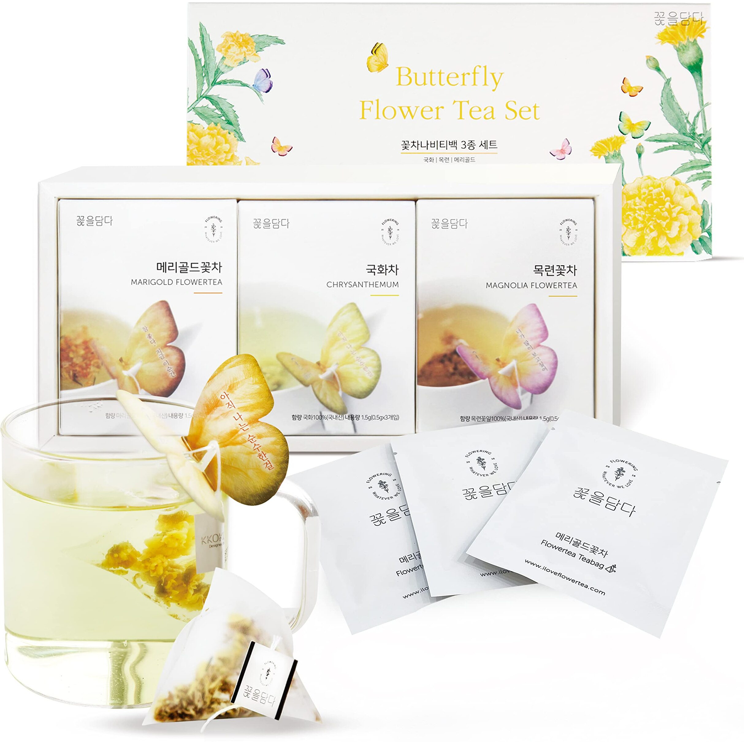 Kkokdam Tea Gift Set - Butterfly Tea Bags, Yellow Tea Variety Pack - Tea Bag Sampler, Tea Set, Unique Tea Gifts, Fancy Tea Bags, Korean Gift Set, Tea Korean Gifts - 3 Flavors