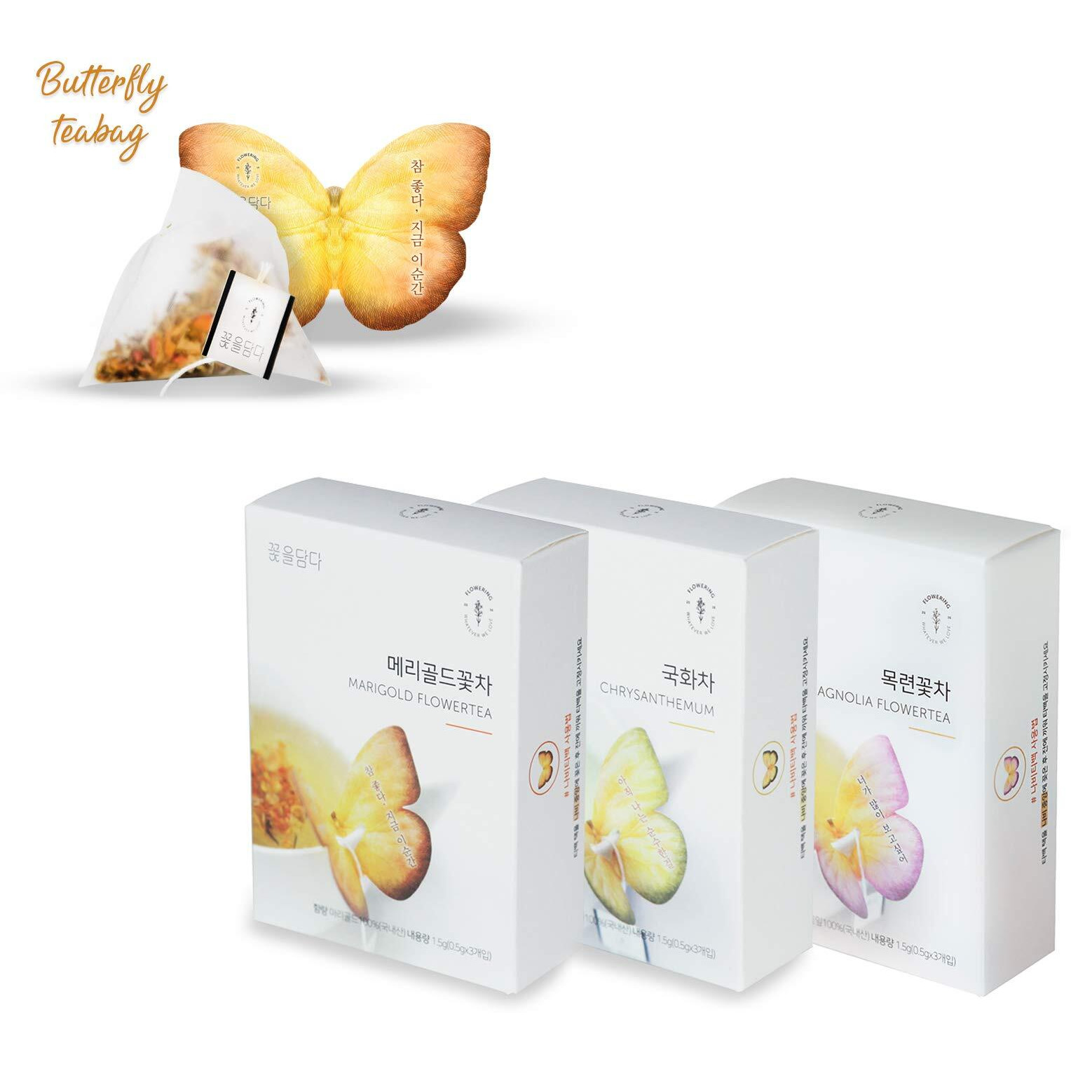 Kkokdam Tea Gift Set - Butterfly Tea Bags, Yellow Tea Variety Pack - Tea Bag Sampler, Tea Set, Unique Tea Gifts, Fancy Tea Bags, Korean Gift Set, Tea Korean Gifts - 3 Flavors