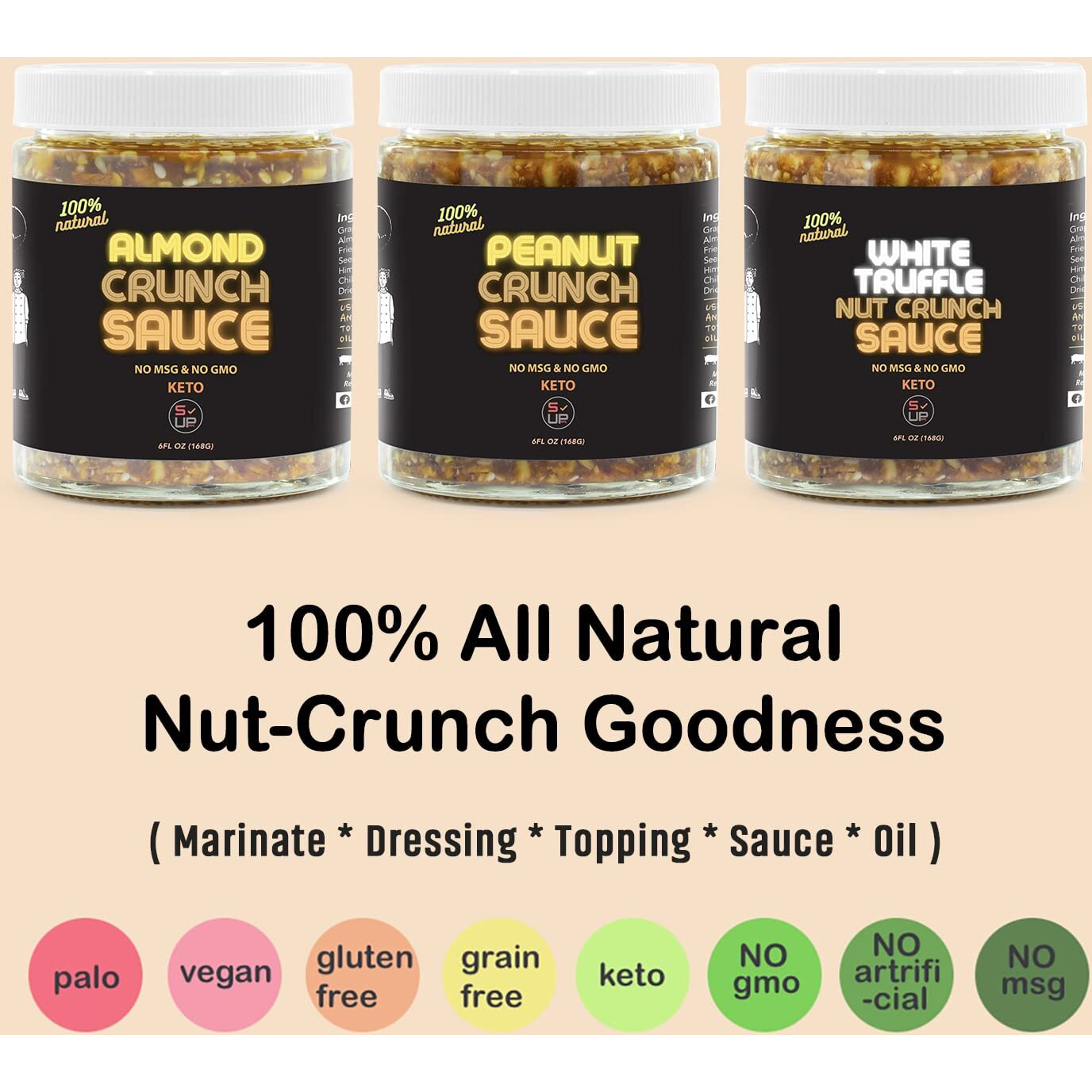 Sauce Up 100% Natural Trio-Nut-Crunch 6Oz- Premium Ingredients, Vegan, Keto, Gf, Zero Msg, Flavor Bomb, (Roasted, Crunchy, Nutty, Sweet, Flavorful, Savory)- Good On Anything Sauce/Oil (White Truffle)