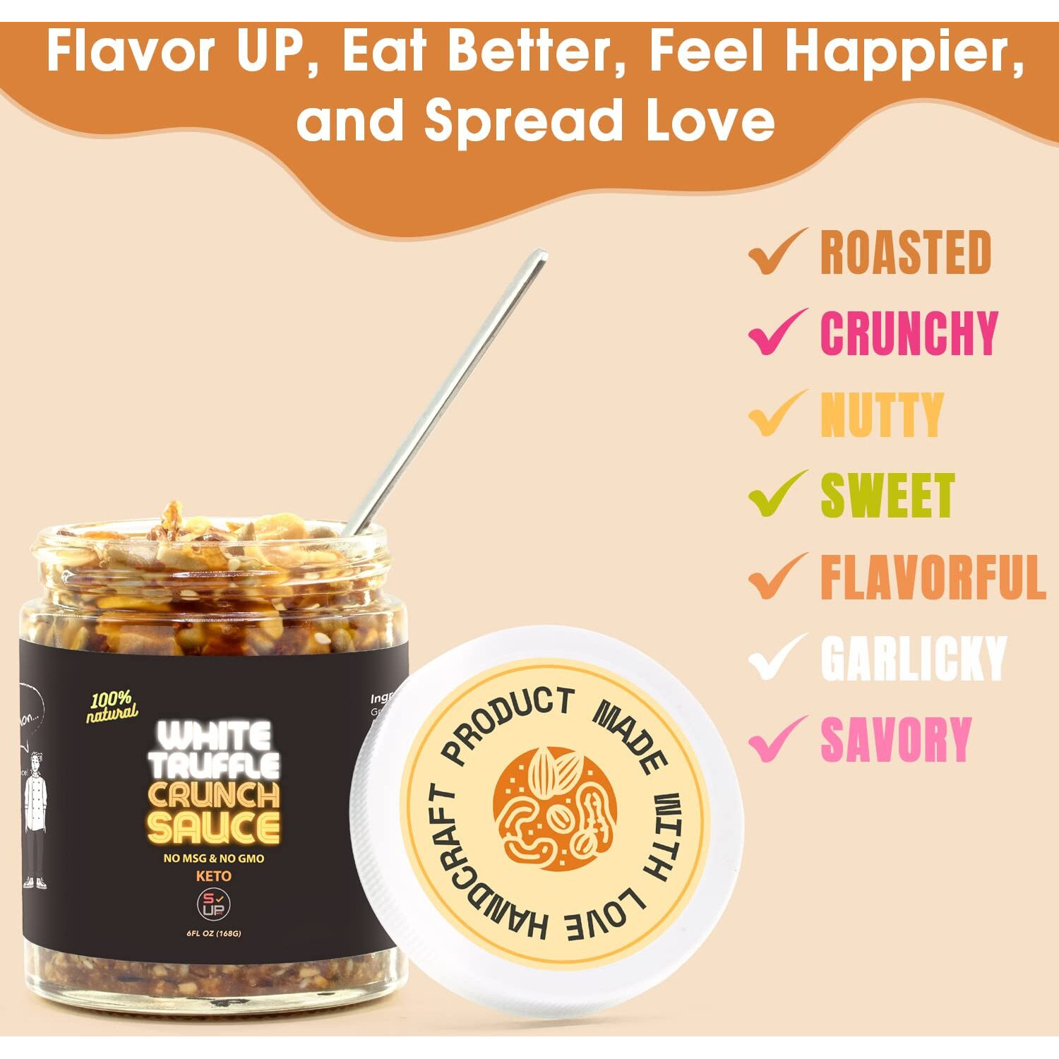Sauce Up 100% Natural Trio-Nut-Crunch 6Oz- Premium Ingredients, Vegan, Keto, Gf, Zero Msg, Flavor Bomb, (Roasted, Crunchy, Nutty, Sweet, Flavorful, Savory)- Good On Anything Sauce/Oil (White Truffle)