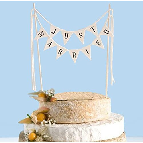 Scholmart Just Married Cake Topper, Rustic Wedding Cake Topper, Cheese Cake Topper Wedding, Just Married Bunting Cake Topper, Handmade Pennant Flags With Wood Pole Cake Topper, Preassembled