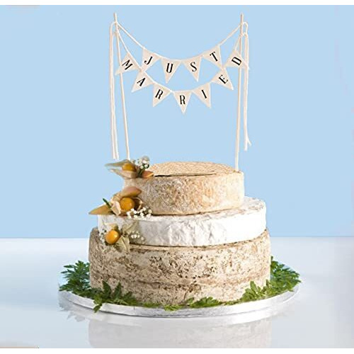 Scholmart Just Married Cake Topper, Rustic Wedding Cake Topper, Cheese Cake Topper Wedding, Just Married Bunting Cake Topper, Handmade Pennant Flags With Wood Pole Cake Topper, Preassembled