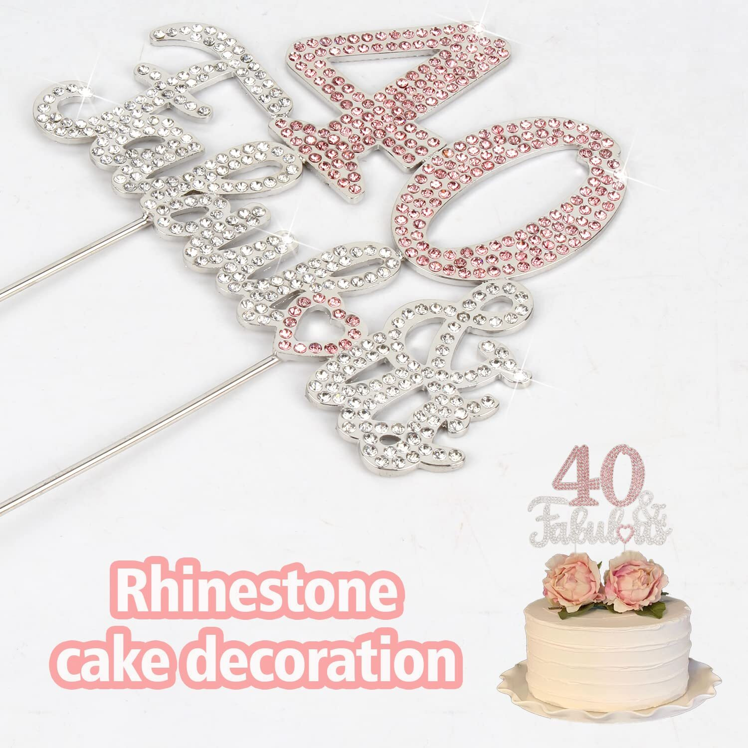 Laskyer 40 & Fabulous Silver Pink Rhinestone Cake Topper - Happy 40Th Birthday Cheers To Forty Years Old Bday Party Metal Sparkly Food Centerpieces Topper Decorations Keepsake.
