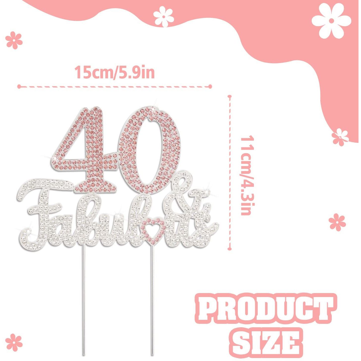 Laskyer 40 & Fabulous Silver Pink Rhinestone Cake Topper - Happy 40Th Birthday Cheers To Forty Years Old Bday Party Metal Sparkly Food Centerpieces Topper Decorations Keepsake.