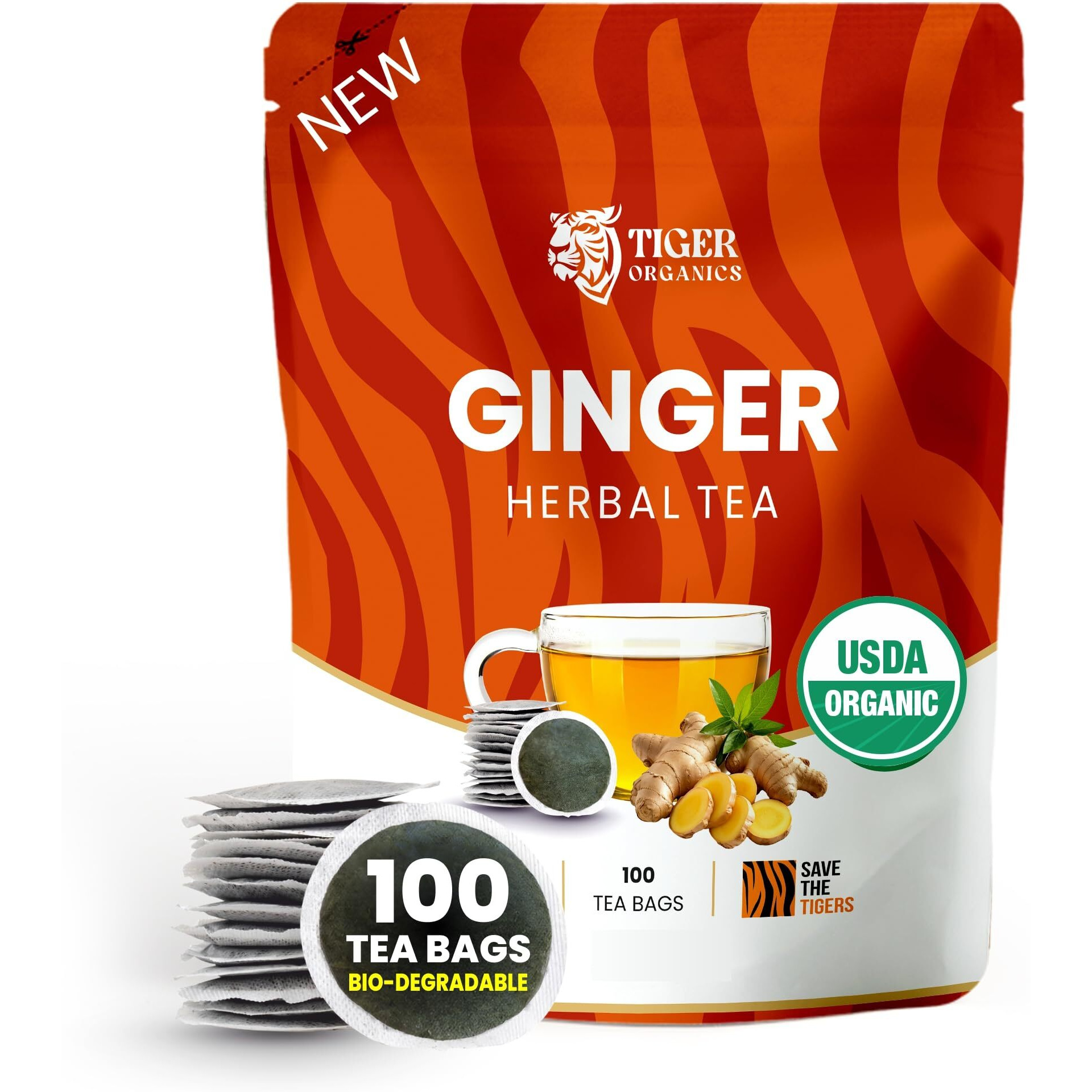 Tiger Organics, Ginger Herbal Tea - 100 Biodegradable Teabags | Natural Immunity Booster & Healthy Digestion | Your Breakfast Guardian Tea | Usda Organic Certified