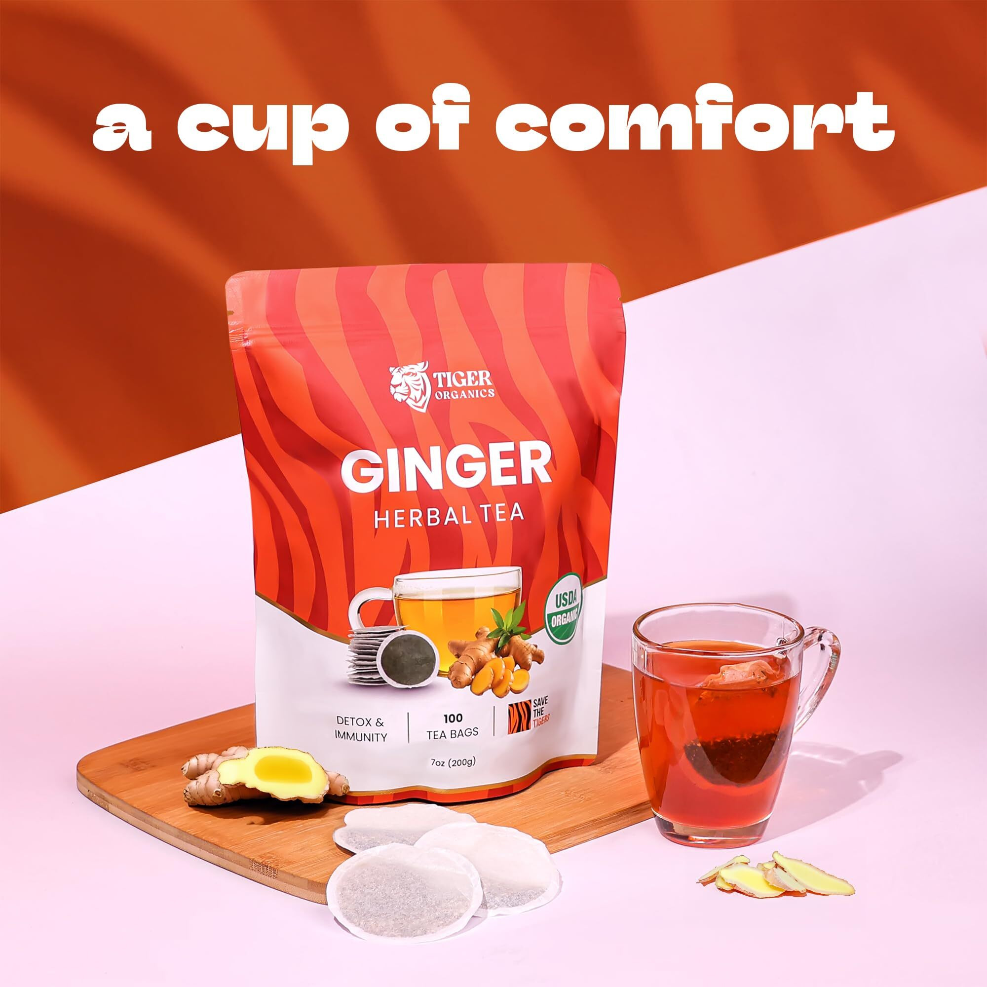Tiger Organics, Ginger Herbal Tea - 100 Biodegradable Teabags | Natural Immunity Booster & Healthy Digestion | Your Breakfast Guardian Tea | Usda Organic Certified
