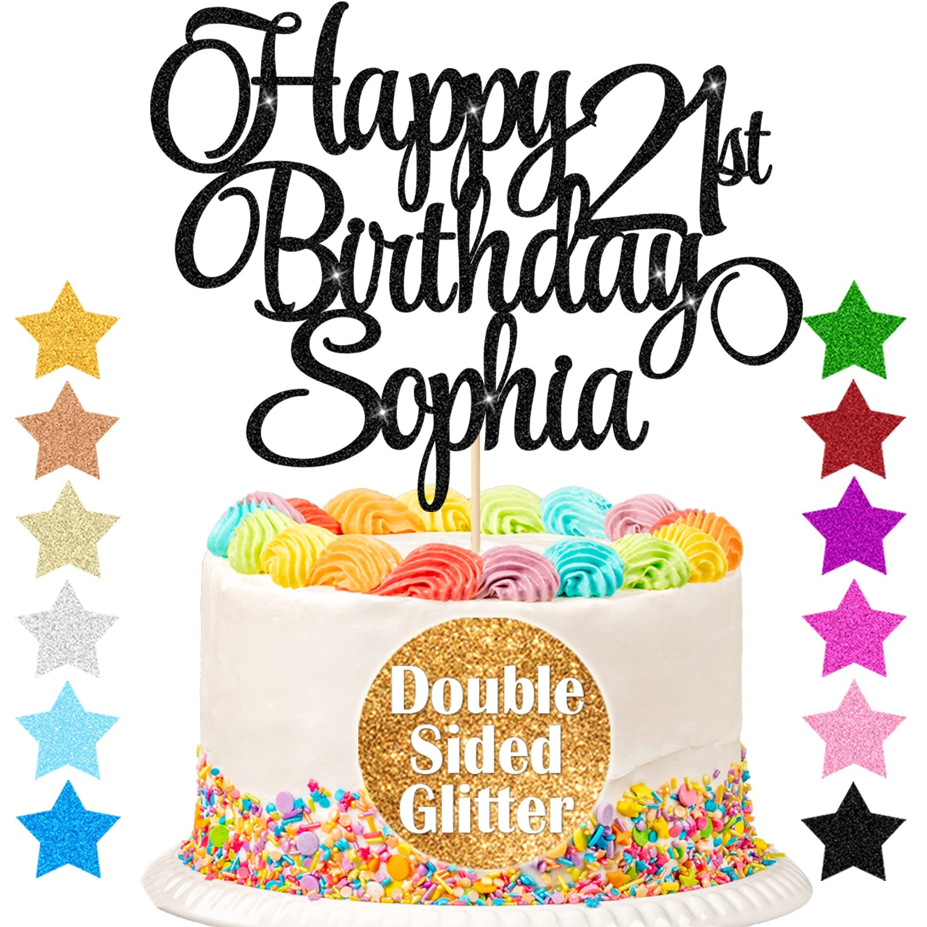 Happy Birthday Cake Topper Personalized Cake Topper Birthday Decoration With Any Age & Name 11 Colors Double-Sided Glitter Cake Topper Gifts For 13Th 16Th 18Th 21St 30Th 50Th 60Th (Black)