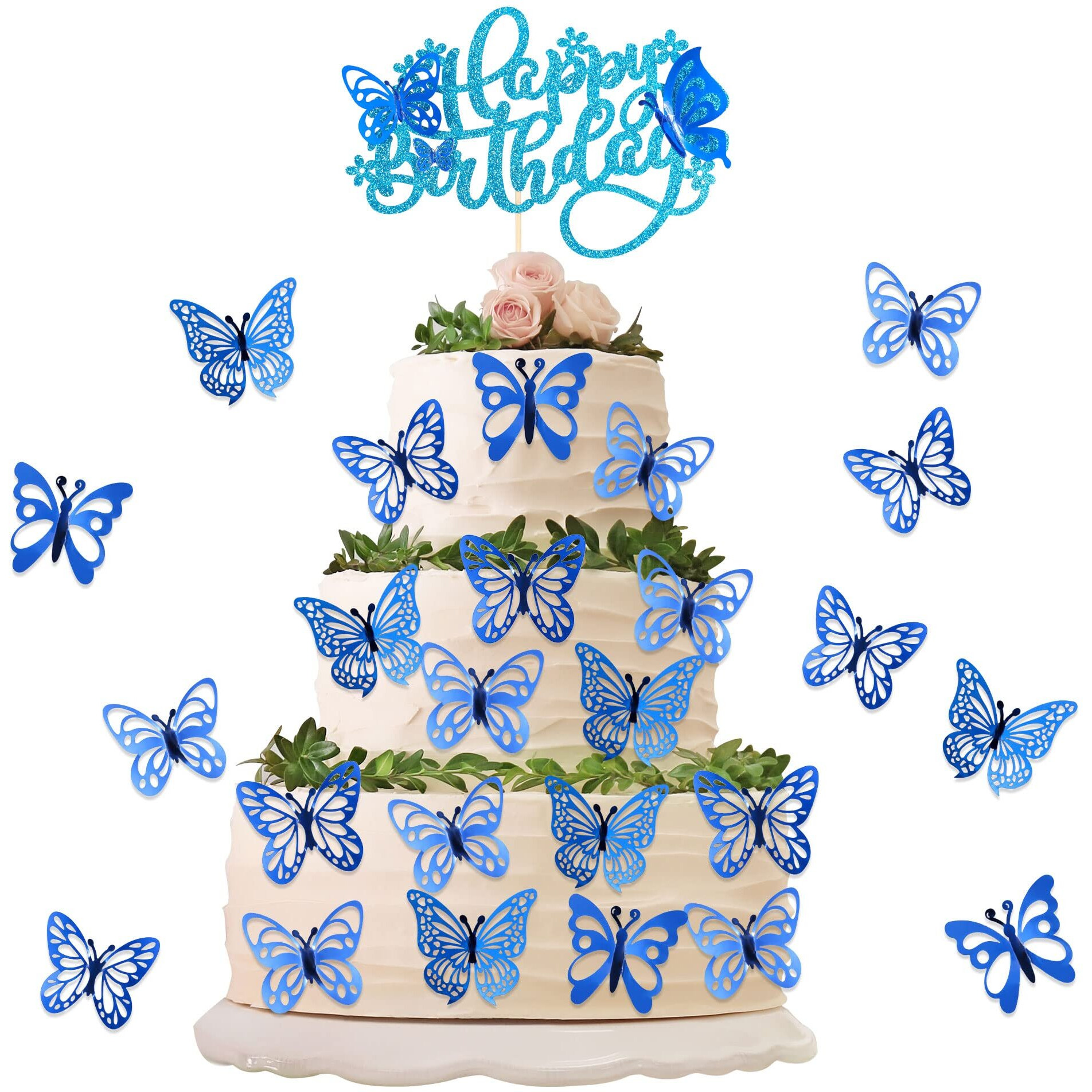25Pcs Butterfly Cake Toppers Happy Birthday Cake Topper 3D Butterfly Birthday Cake Decorations For Baby Shower Birthday Cake Decorations Butterfly Party Supplies Blue