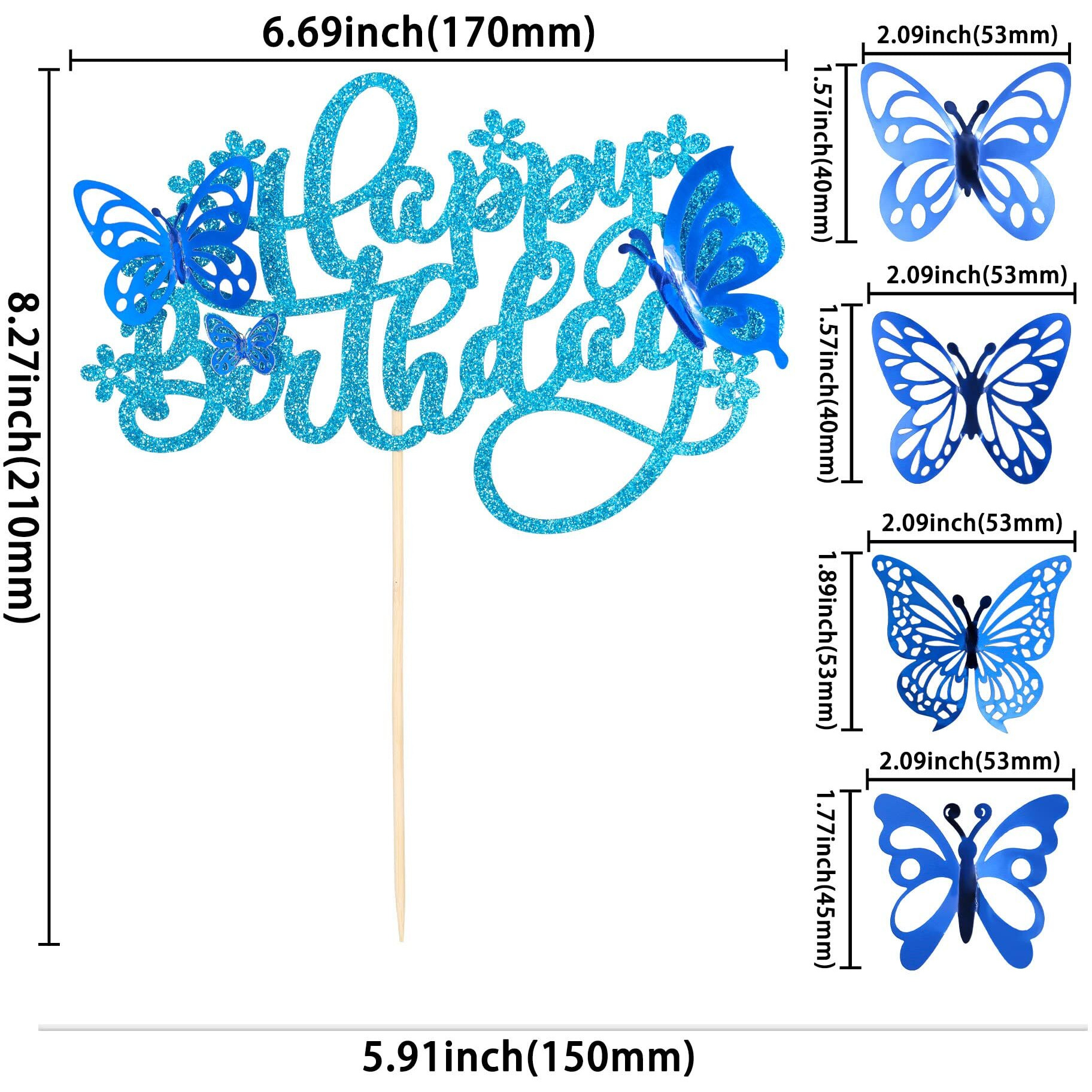 25Pcs Butterfly Cake Toppers Happy Birthday Cake Topper 3D Butterfly Birthday Cake Decorations For Baby Shower Birthday Cake Decorations Butterfly Party Supplies Blue