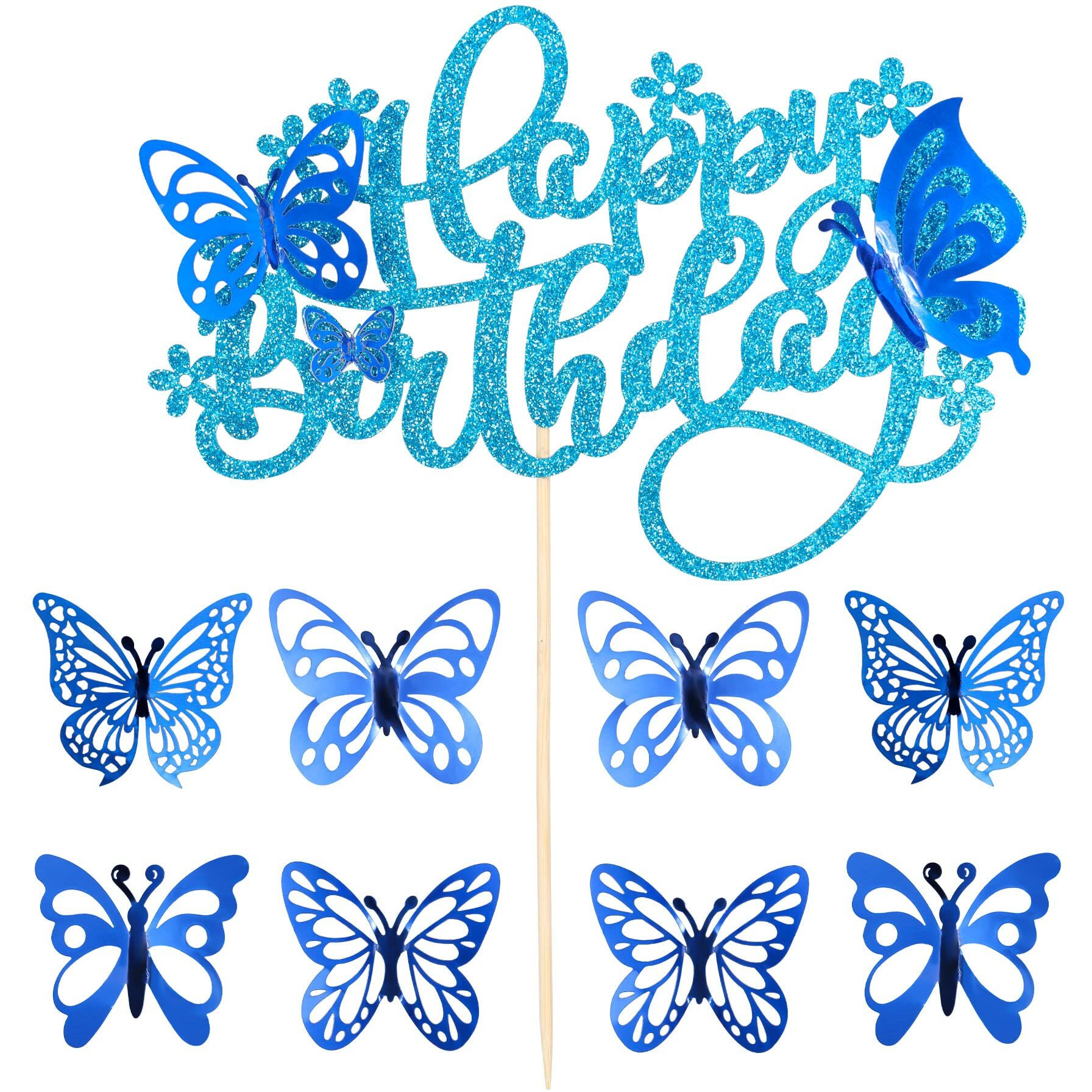 25Pcs Butterfly Cake Toppers Happy Birthday Cake Topper 3D Butterfly Birthday Cake Decorations For Baby Shower Birthday Cake Decorations Butterfly Party Supplies Blue