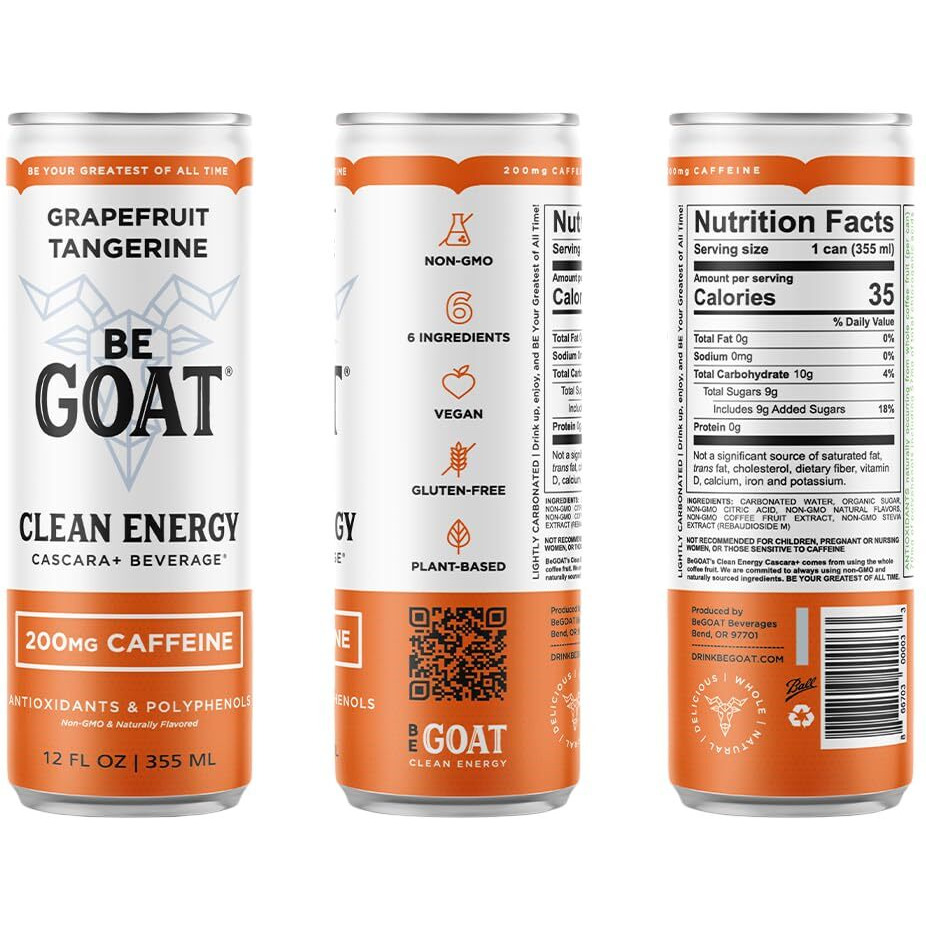 Begoat Grapefruit Tangerine Clean Energy Drink | 200 Mg Caffeine, Non Gmo, 6 Ingredients, 35 Calories, Antioxidants, Vegan, Gluten-Free 12 Fl Oz (Pack Of 12)