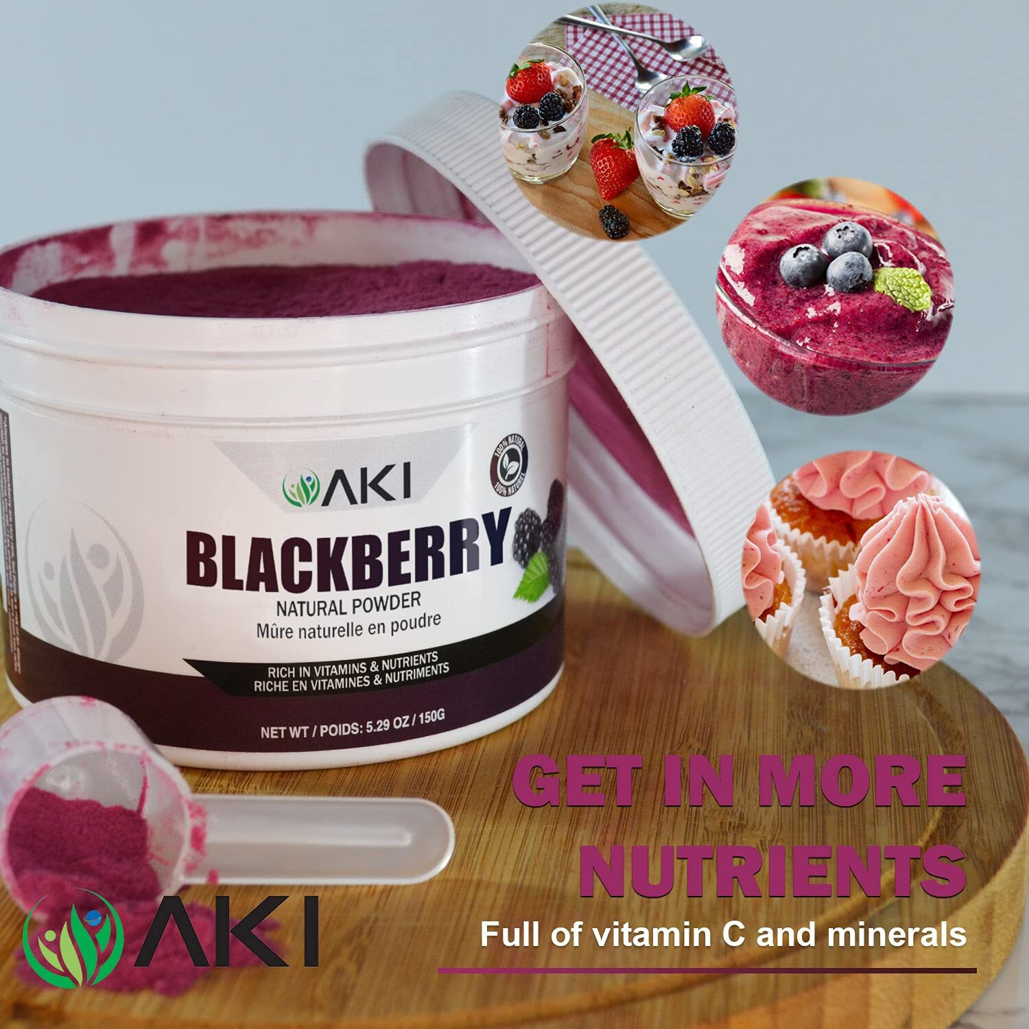 Aki Blackberry Powder, Ideal In Nutrients, Vitamin C, Sugar-Free, Vegan-Friendly | Ideal For Baking, Flavoring, Smoothie, Yogurt, Popsicles, Sprinkle Of Magenta Color (5.29 Oz/150Gr)