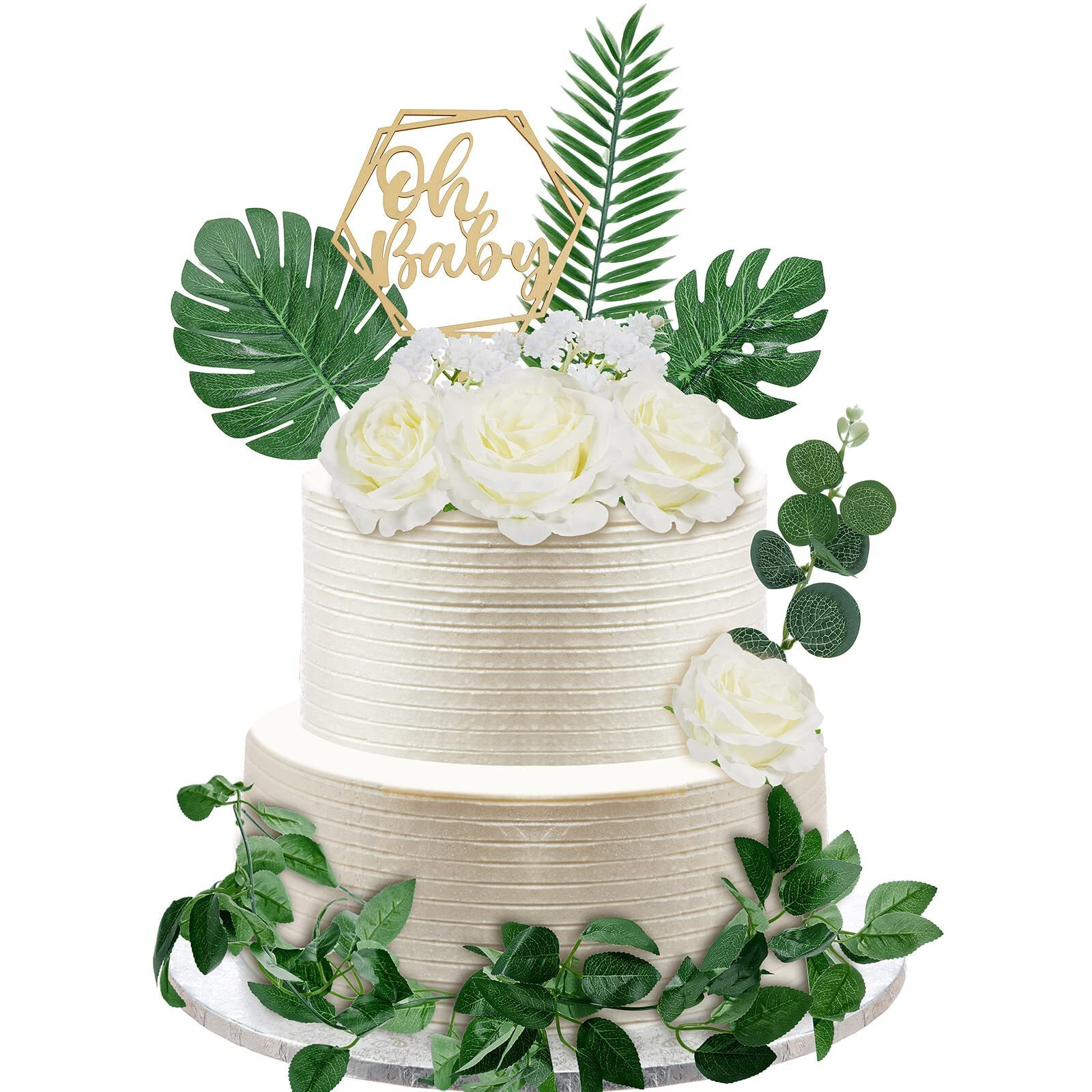 34 Pcs Wood Oh Baby Cake Topper Boho Baby Cake Decorations With Artificial Eucalyptus Leaves Vine For Baby Shower Gender Reveal Birthday Wedding Party Diy Decor