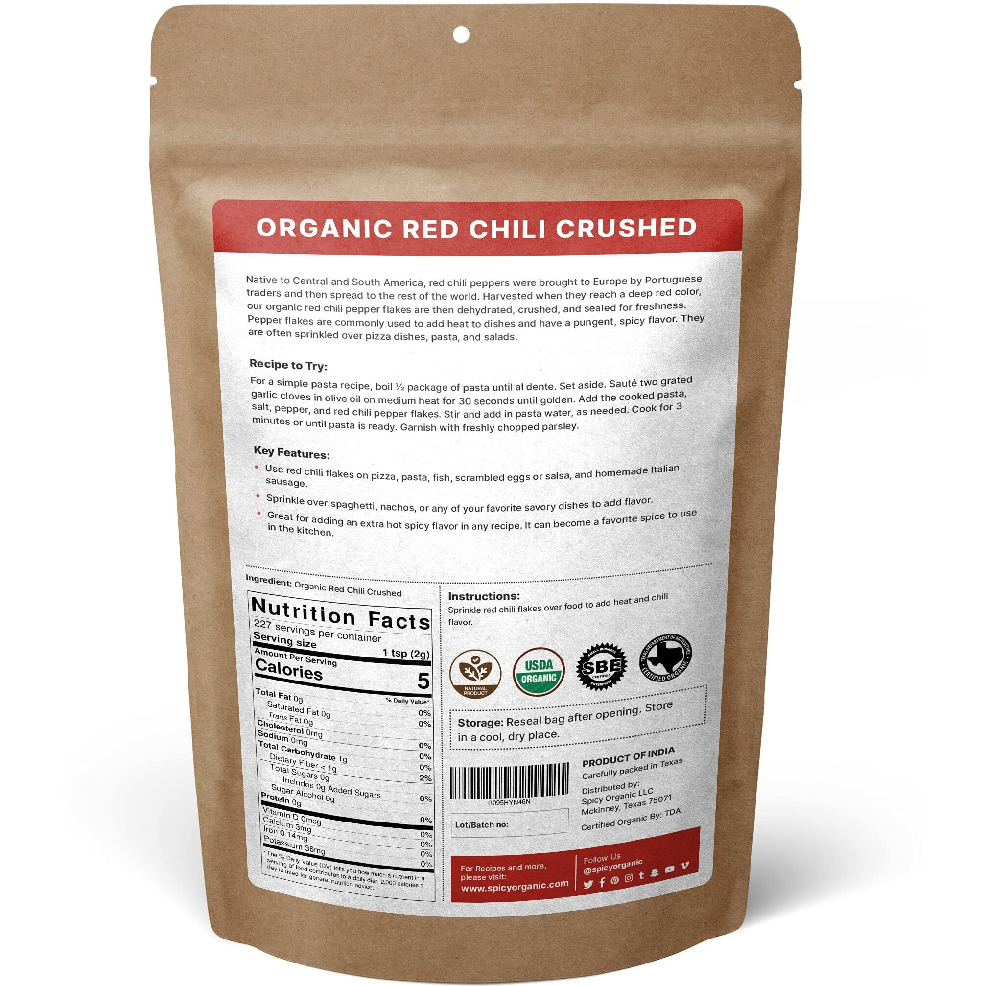 Spicy Organic Crushed Red Chili Flakes - 100% Pure Usda Certified - Non-Gmo, Gluten-Free-Comes In A Resealable Pack-Pungent And Spicy Flavor-16Oz (454 Grams)