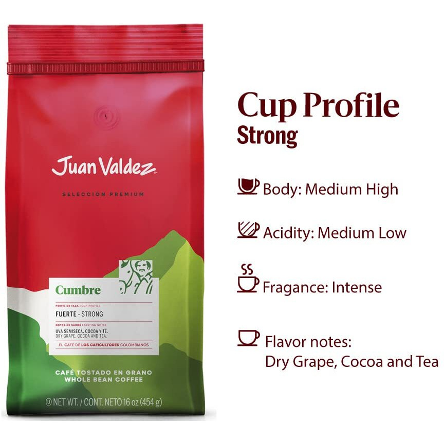 Juan Valdez Cumbre Whole Bean Coffee, Dark Roast 16 Oz - Premium Colombian Coffee