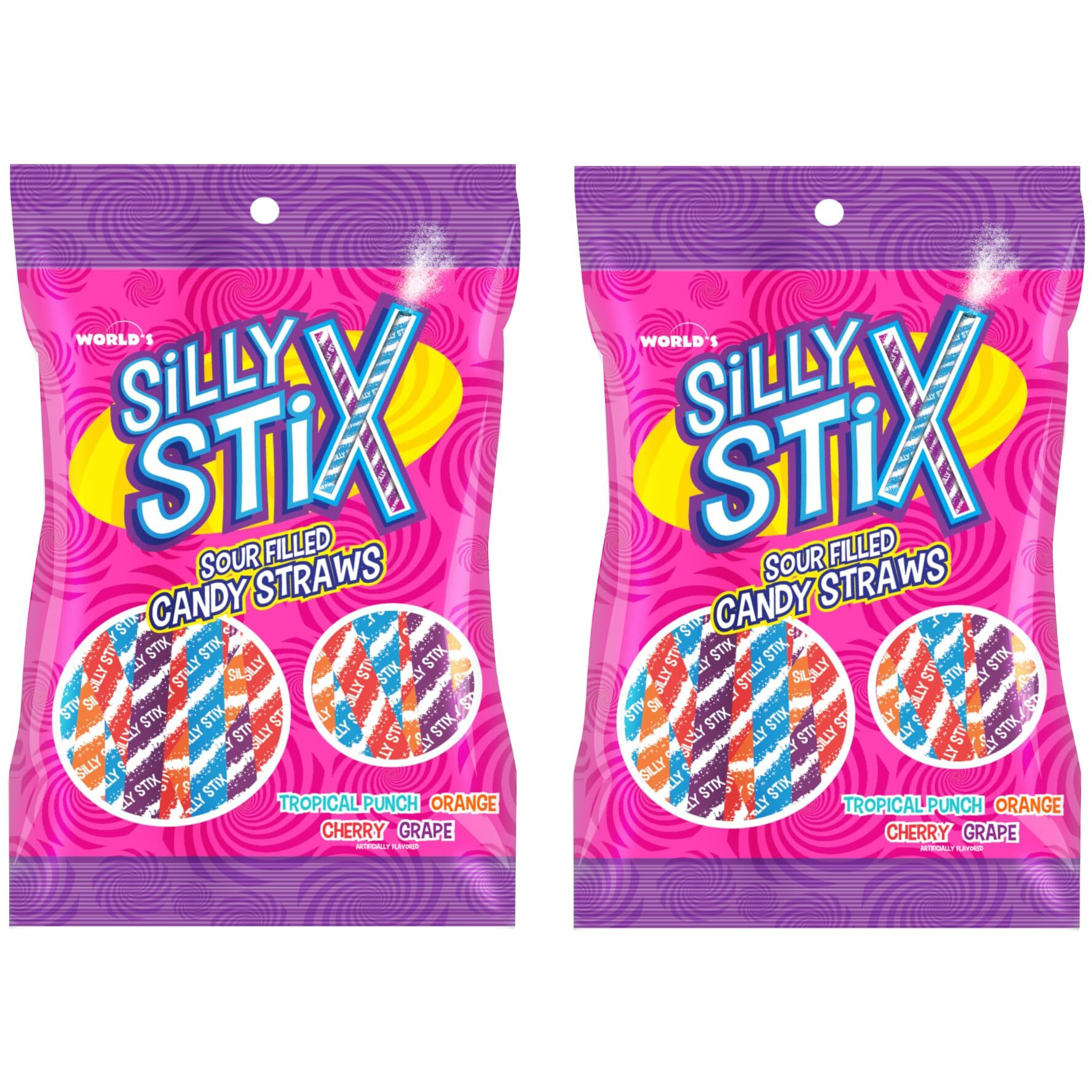 Silly Stix Sour Filled Candy Straws - 2.75 Oz Bag - Pack Of 2 - Variety Of Flavors - Tropical Punch, Orange, Cherry, And Grape - Fun For Everyone - Easy To Share With Friends And Family