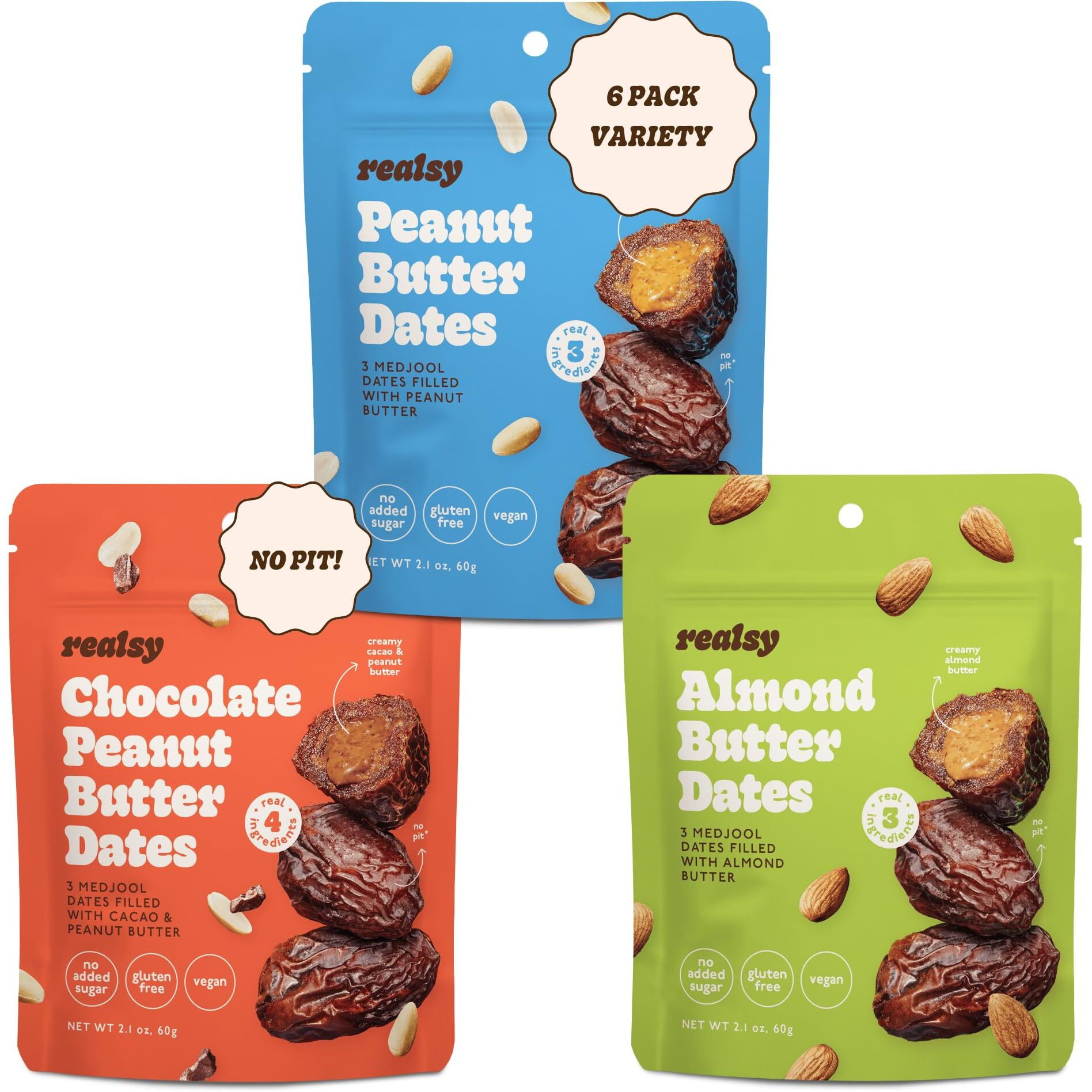 Realsy Pitted & Stuffed Medjool Dates, Organic Dates With No Sugar Added, Gluten-Free, Vegan, Good Source Of Fiber, Low Glycemic Index, All Natural Healthy Snack (Variety 6 Pack)