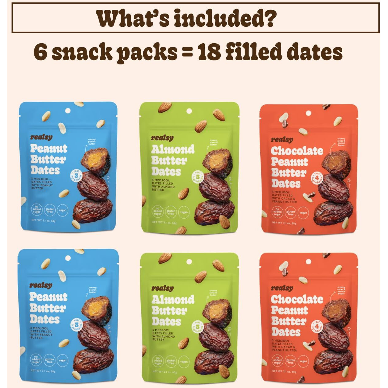 Realsy Pitted & Stuffed Medjool Dates, Organic Dates With No Sugar Added, Gluten-Free, Vegan, Good Source Of Fiber, Low Glycemic Index, All Natural Healthy Snack (Variety 6 Pack)