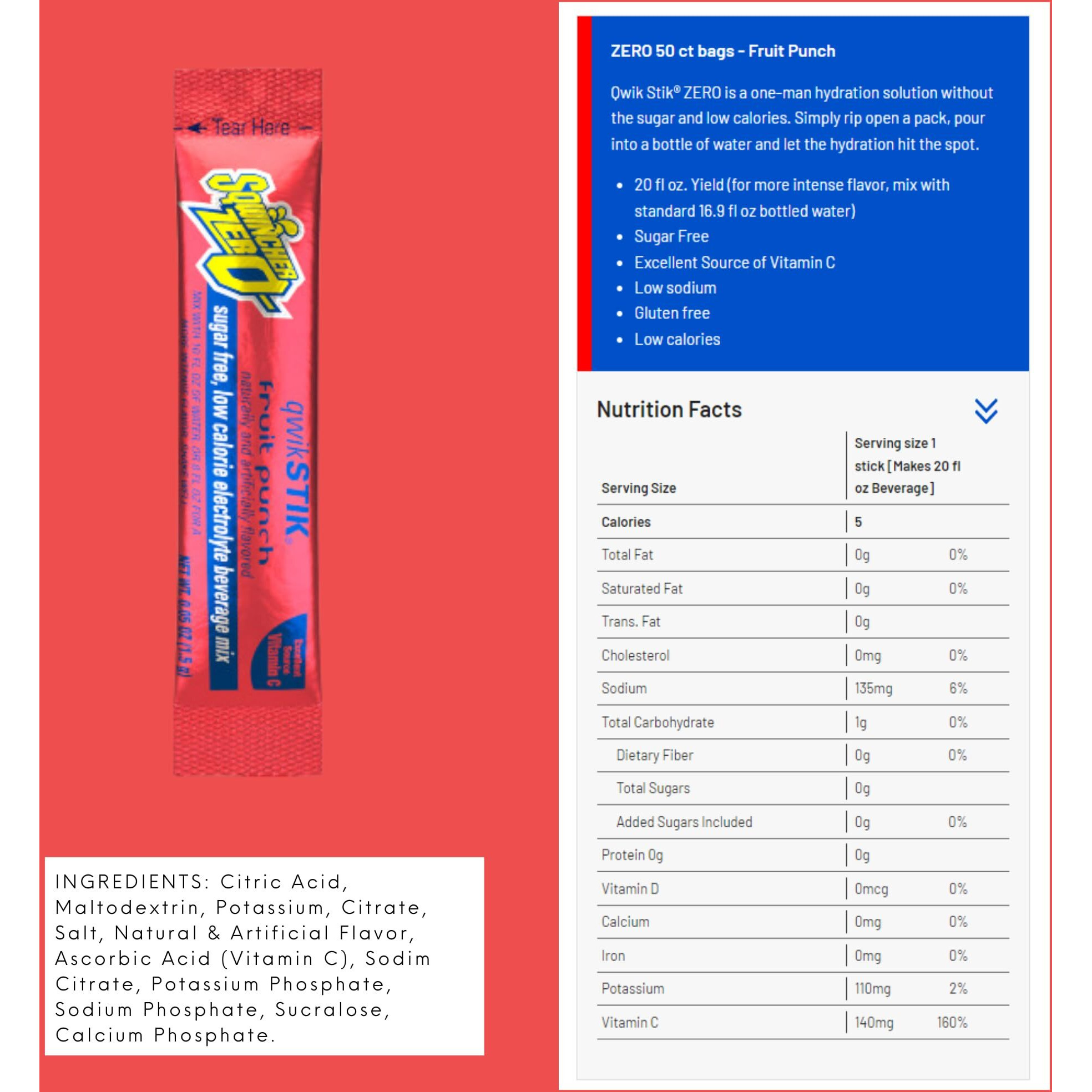 Sqwincher Qwik Stick .11 Ounce Powder Concentrate Sticks Fruit Punch Lite Electrolyte Drink - Yields 20 Ounces (50 Each Per Package)