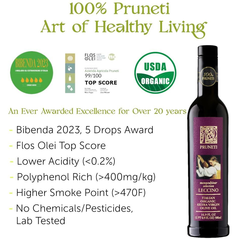 Pruneti Leccino - Medium Organic 2023-2024 Early Harvest Italian Olive Oil Extra Virgin From Tuscany, Italy - Polyphenol Rich 400+ Mg/Kg, Award Winner, Early Harvest, First Cold Pressed - 16.9 Fl Oz