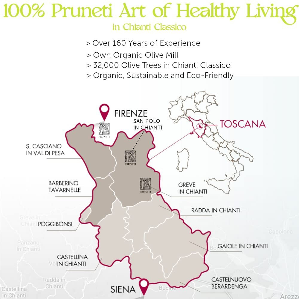 Pruneti Leccino - Medium Organic 2023-2024 Early Harvest Italian Olive Oil Extra Virgin From Tuscany, Italy - Polyphenol Rich 400+ Mg/Kg, Award Winner, Early Harvest, First Cold Pressed - 16.9 Fl Oz