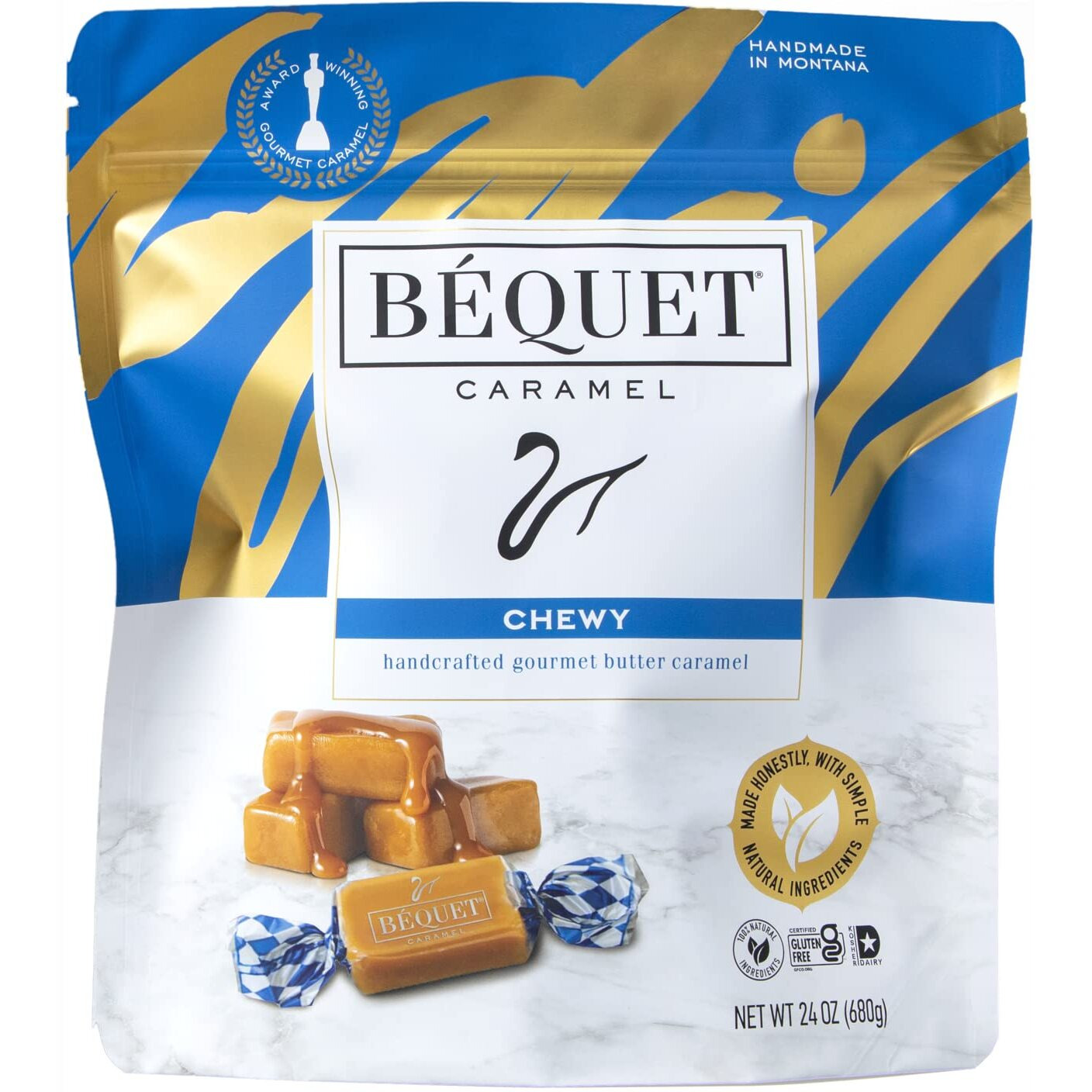 B  Quet Caramel - Chewy - Gourmet Caramel Candy - Caramel Candy Individually Wrapped - Made In Montana - Kosher (Star D) And Gluten Free - 24 Oz Resealable Pouch