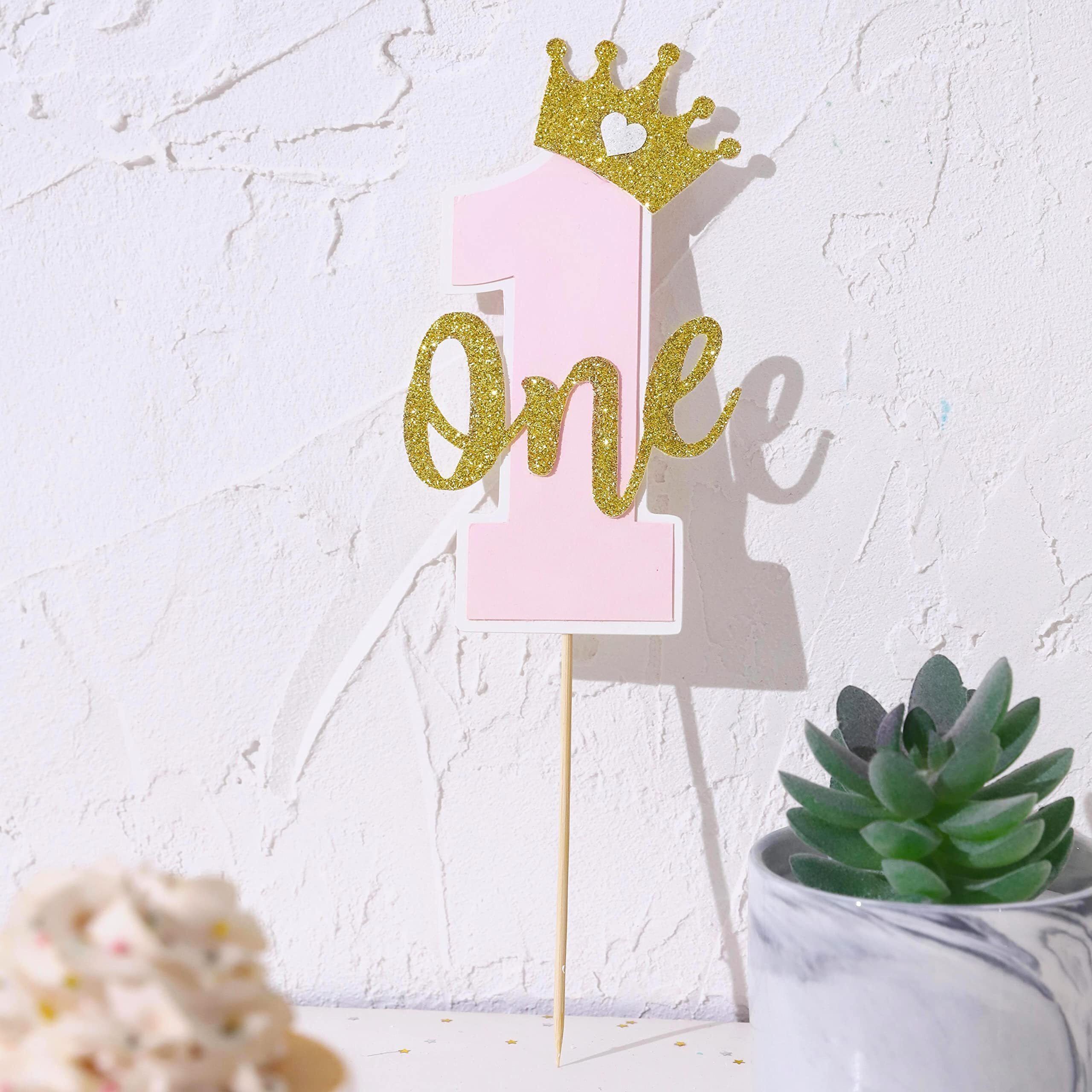 One Cake Topper For Baby Girls - Pink And Gold Cake Topper For 1St Birthday, First Birthday Cake Topper, Cake Smash Props
