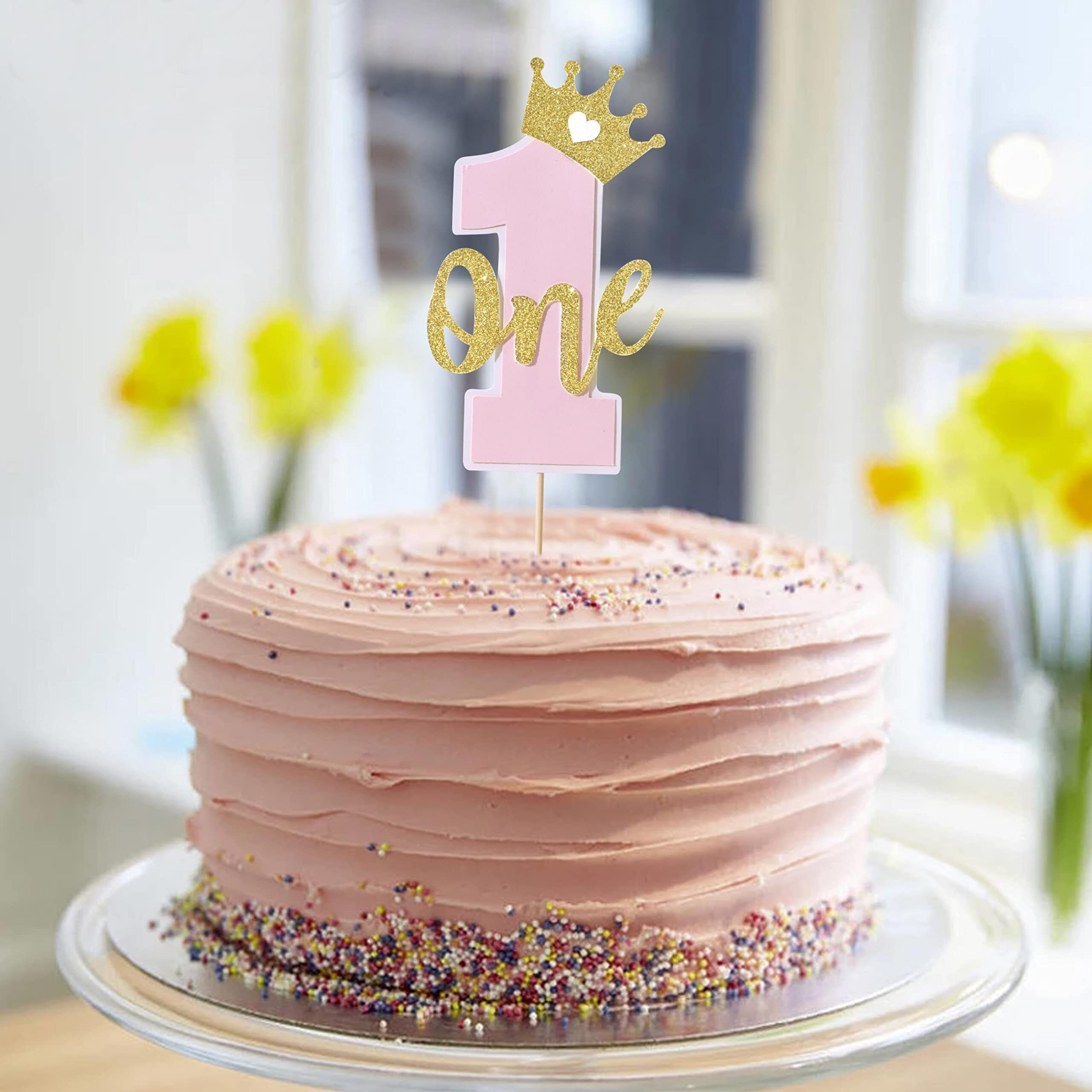One Cake Topper For Baby Girls - Pink And Gold Cake Topper For 1St Birthday, First Birthday Cake Topper, Cake Smash Props